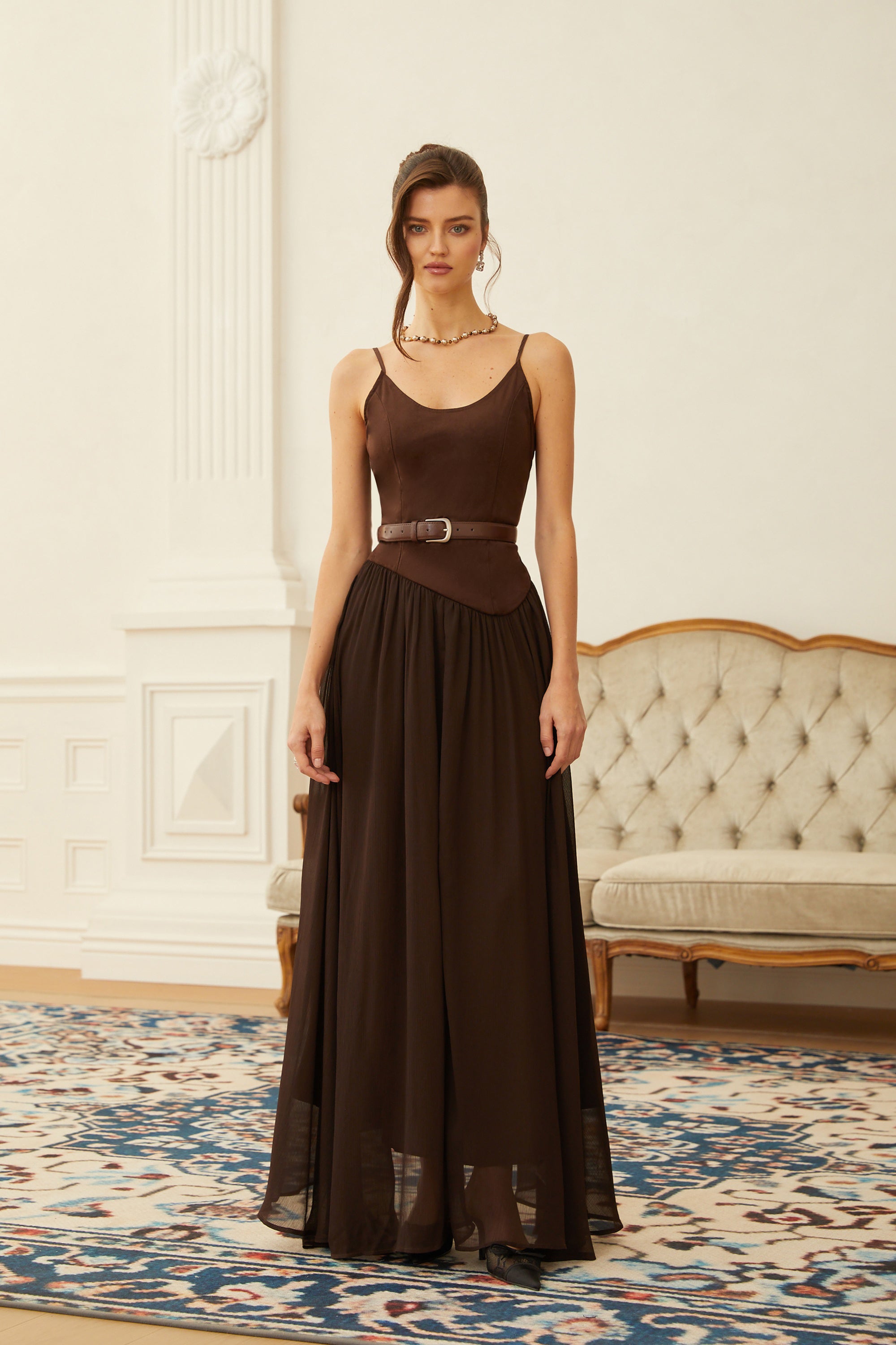 Hedda Brown Chiffon Panel Suede Maxi Dress (Final Sale-US Only)