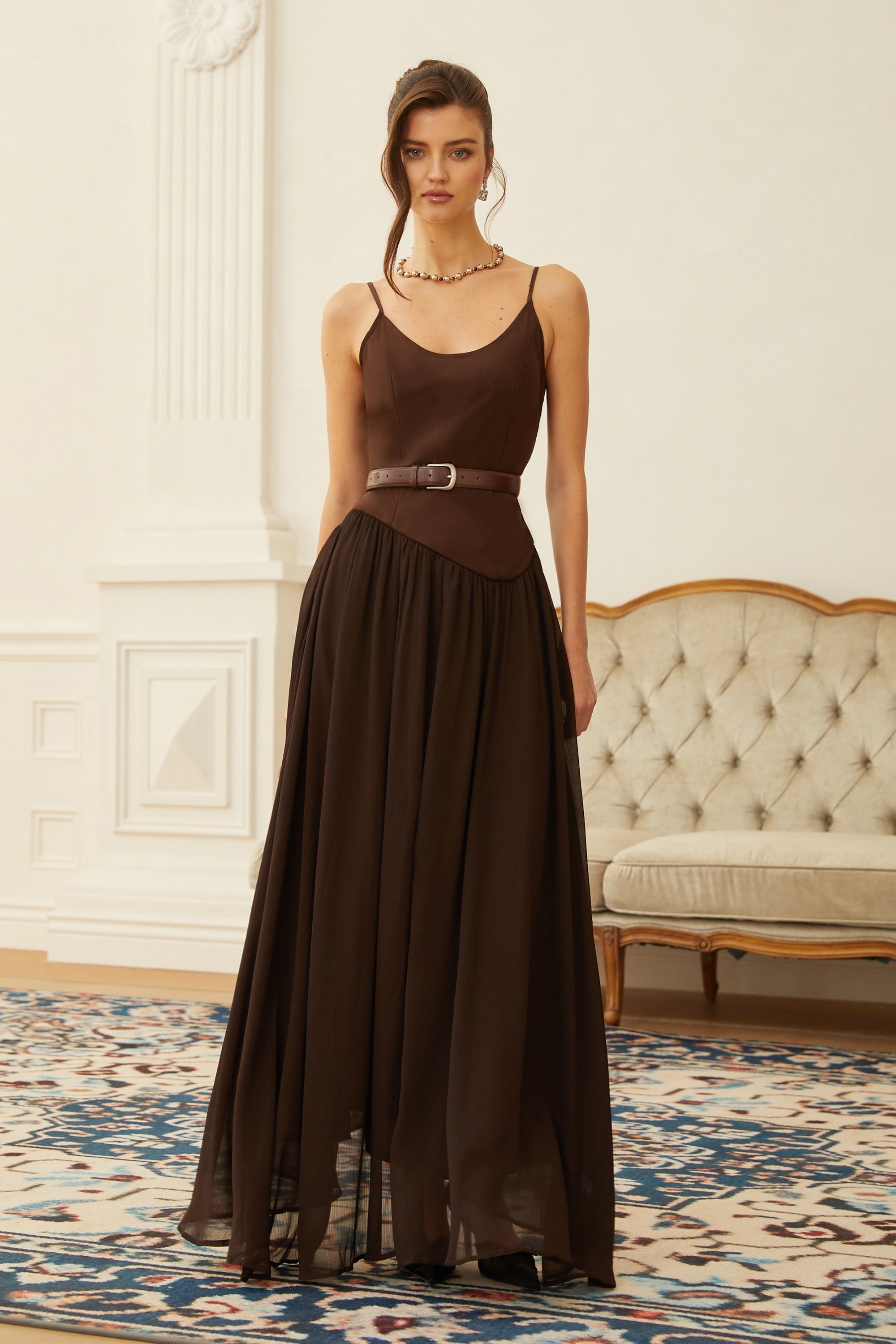 Hedda Brown Chiffon Panel Suede Maxi Dress (Final Sale-US Only)