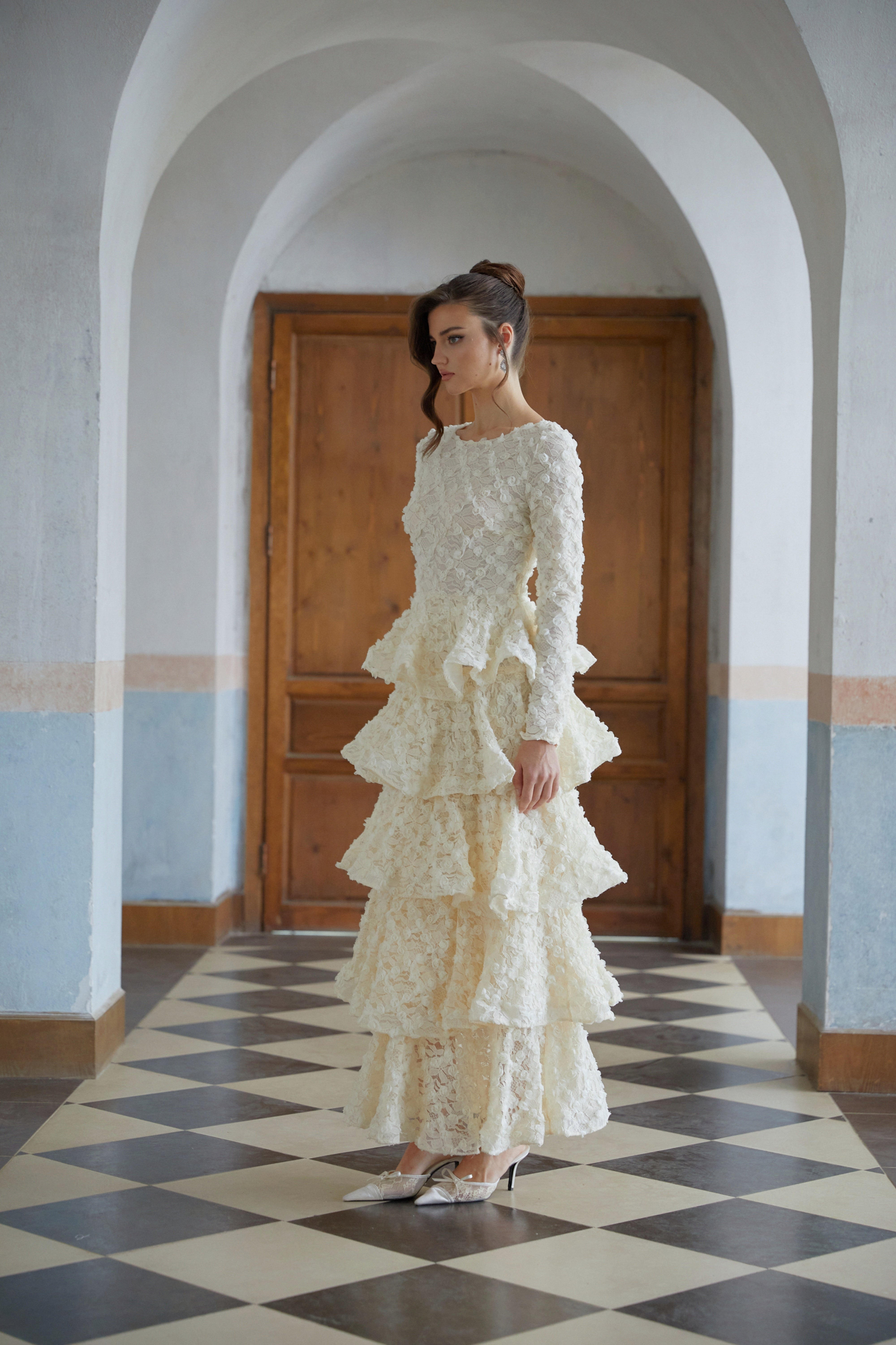 Halla Neutral Tiered Floral Lace Maxi Dress (Final Sale)