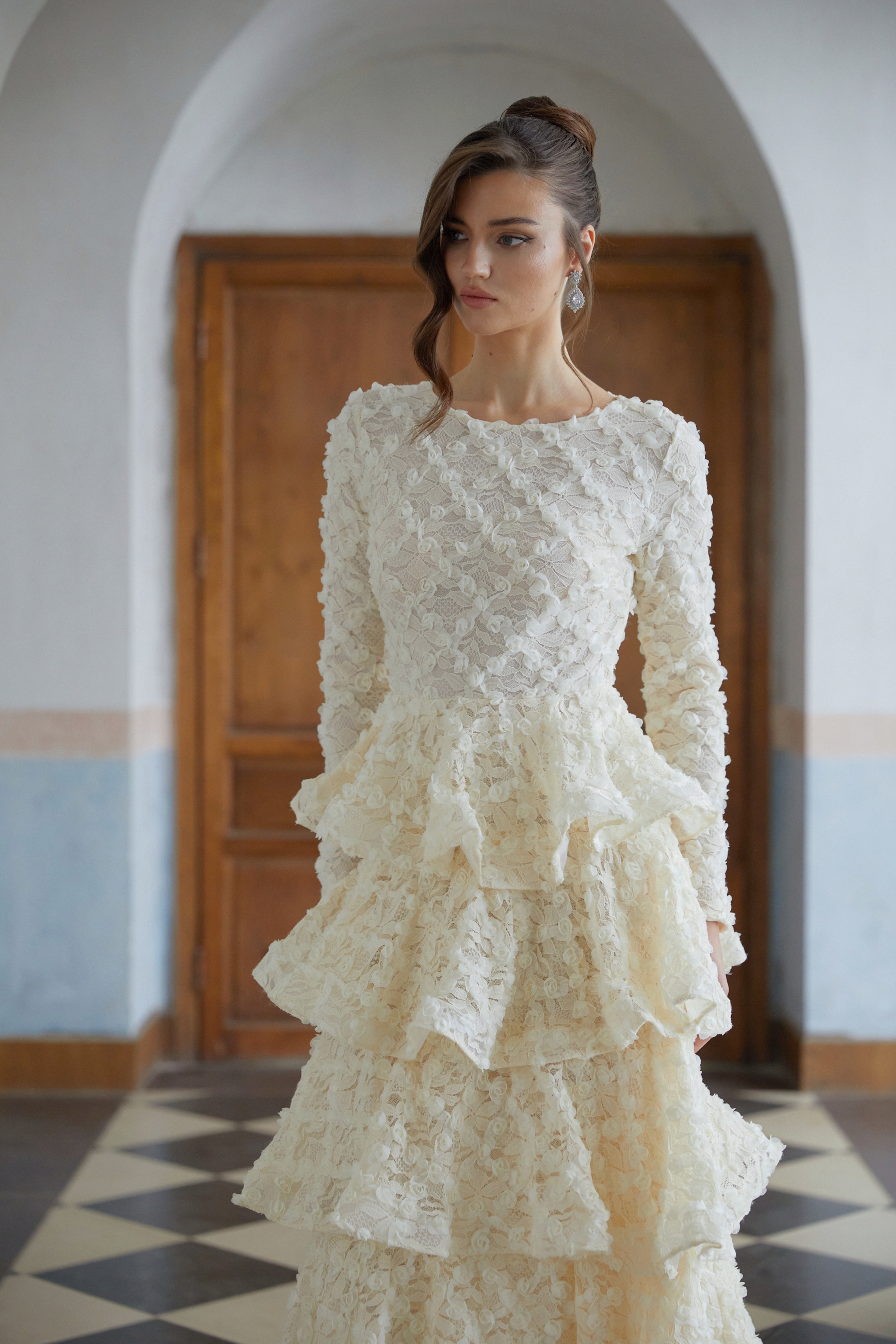 Halla Neutral Tiered Floral Lace Maxi Dress (Final Sale)