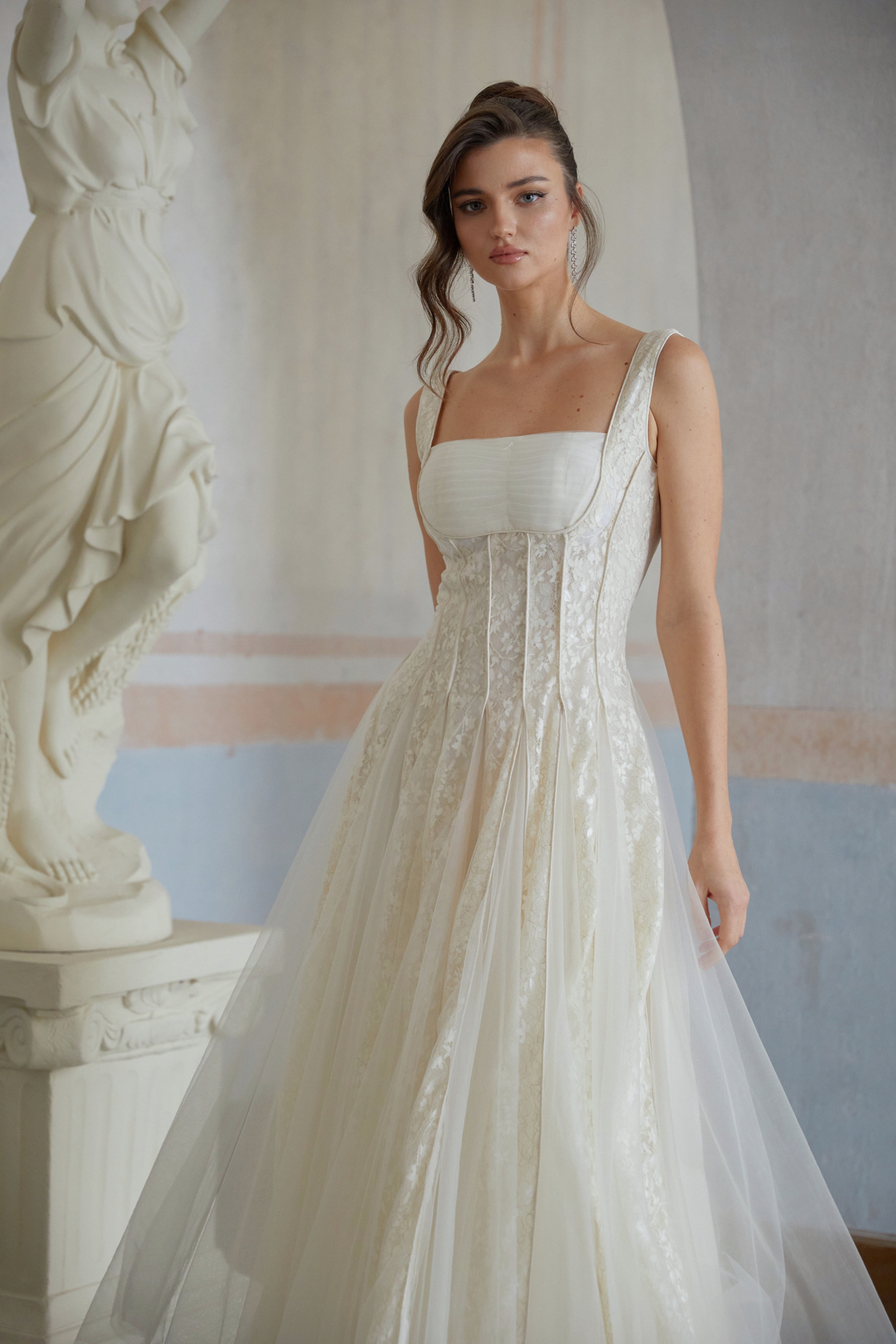 Fiadh Neutral Tulle Panel Lace Maxi Dress (Final Sale)