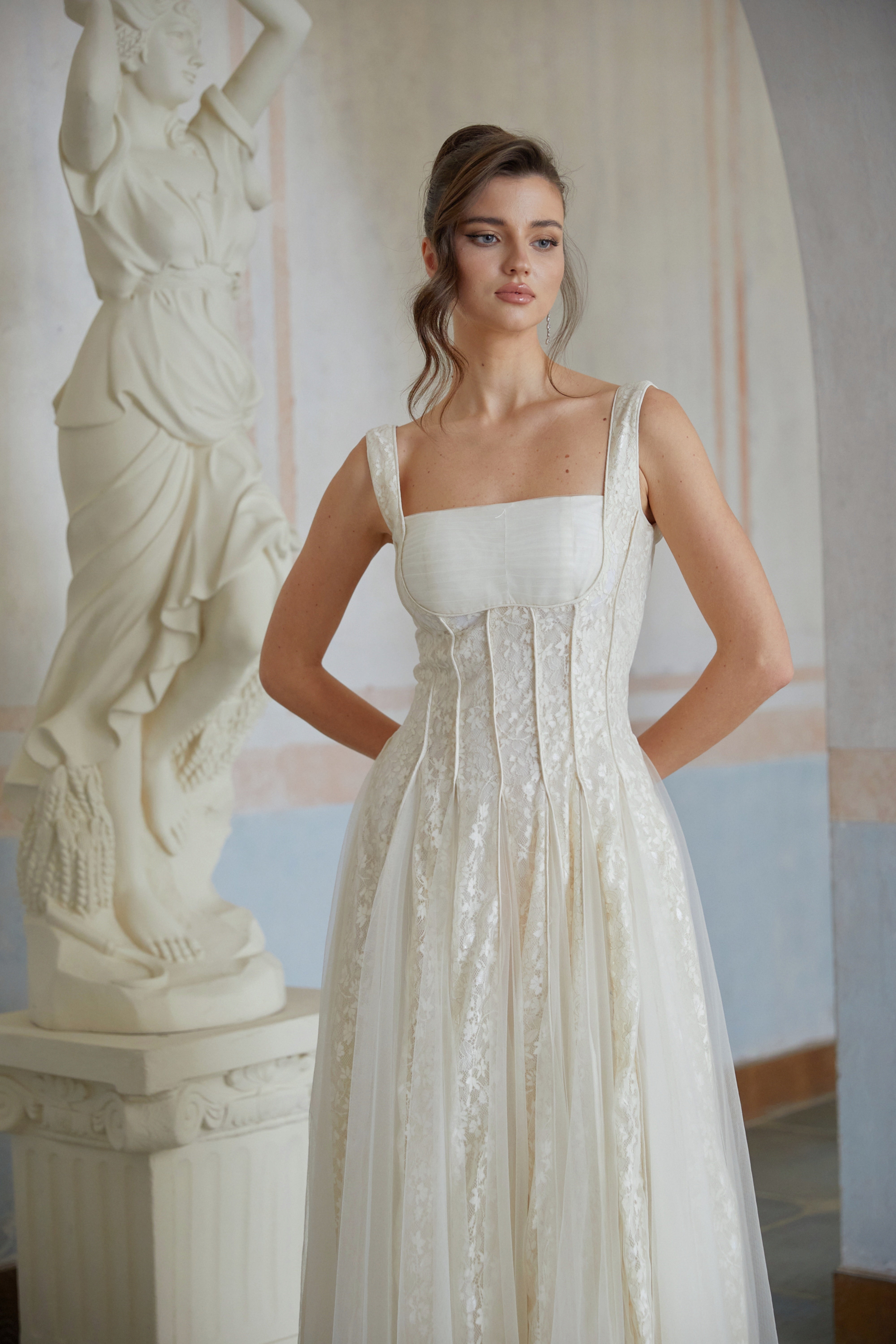 Fiadh Neutral Tulle Panel Lace Maxi Dress (Final Sale)