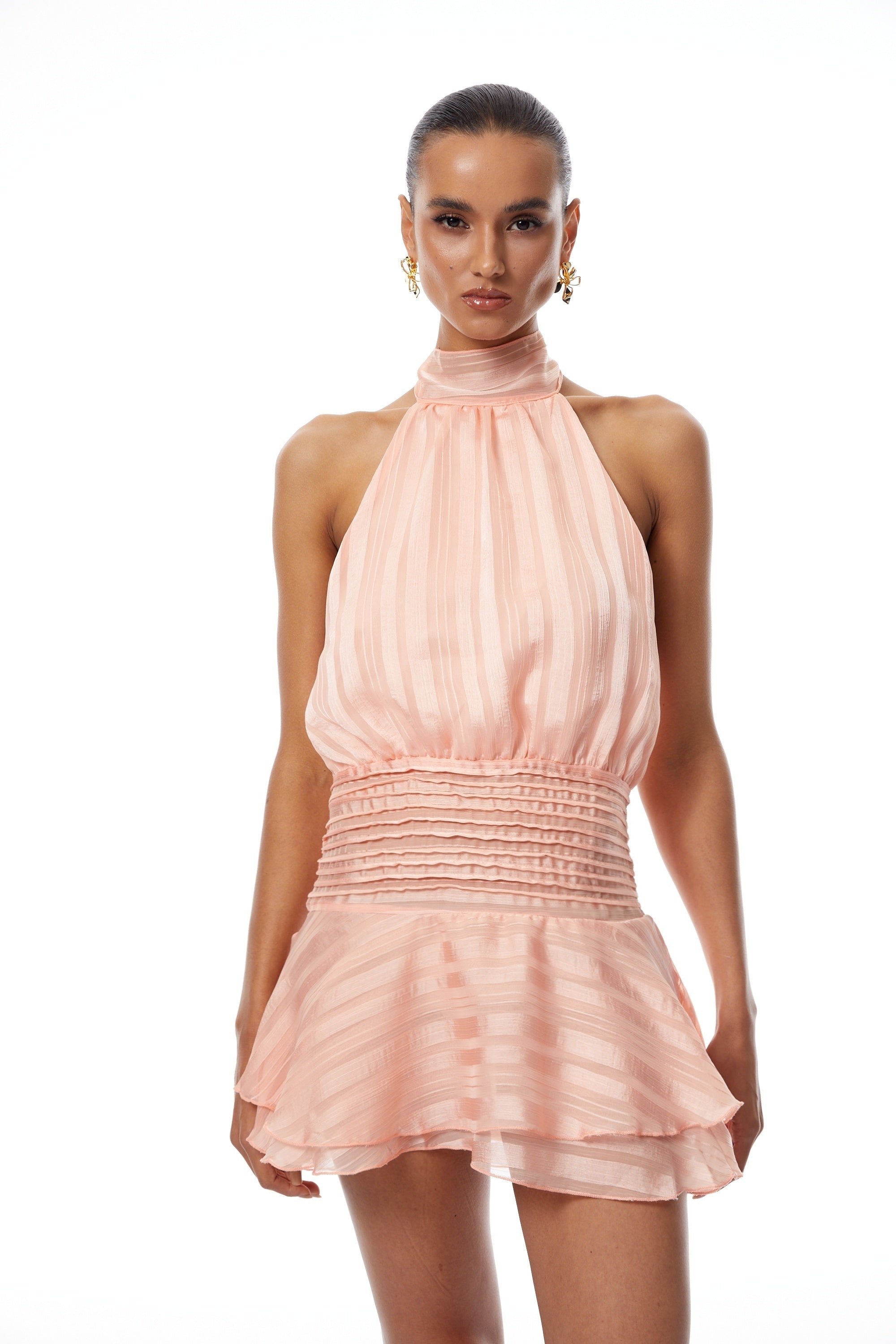 Ginevra Pink Halterneck Pleated Chiffon Mini Dress
