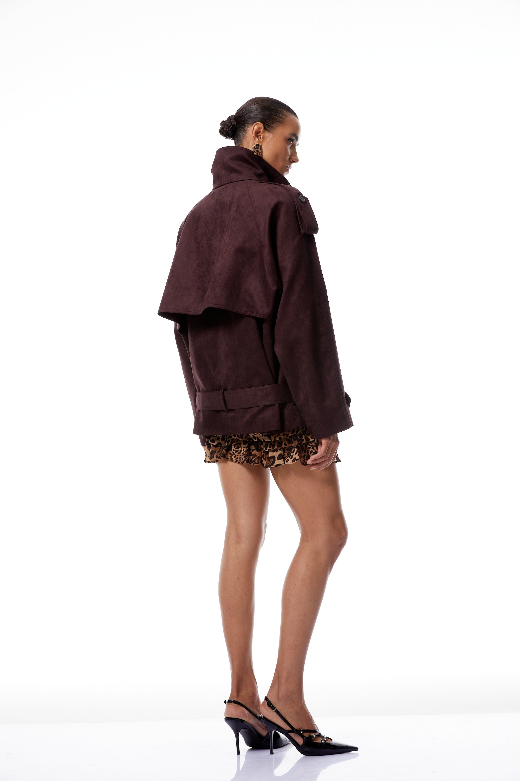 Flavia Burgundy Belted Suede Trench Coat