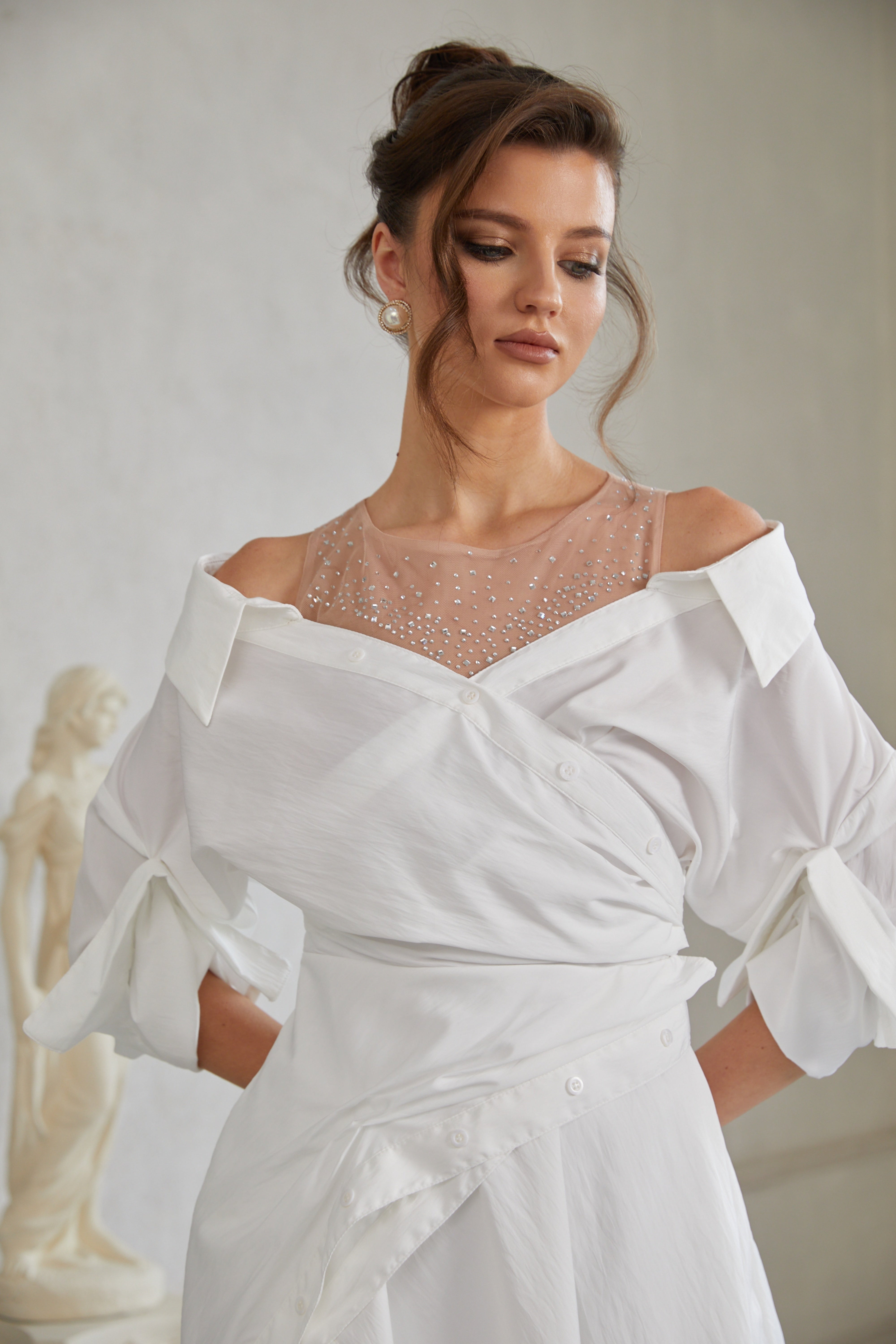 Jamie White Asymmetrical Gathered Mini Shirt Dress