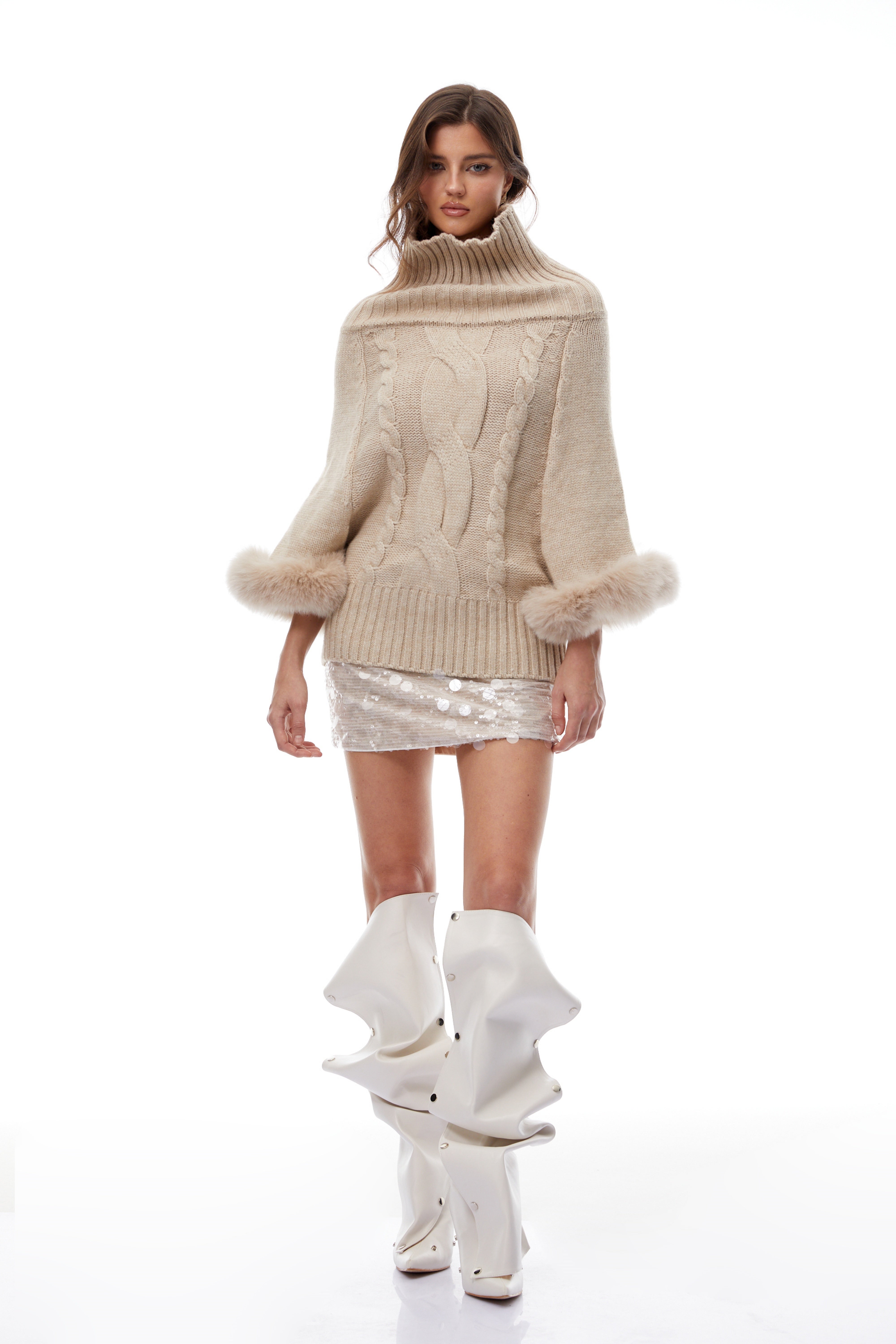 Layla Neutral Fur Trim Cable Knit Sweater (Final Sale-US Only)