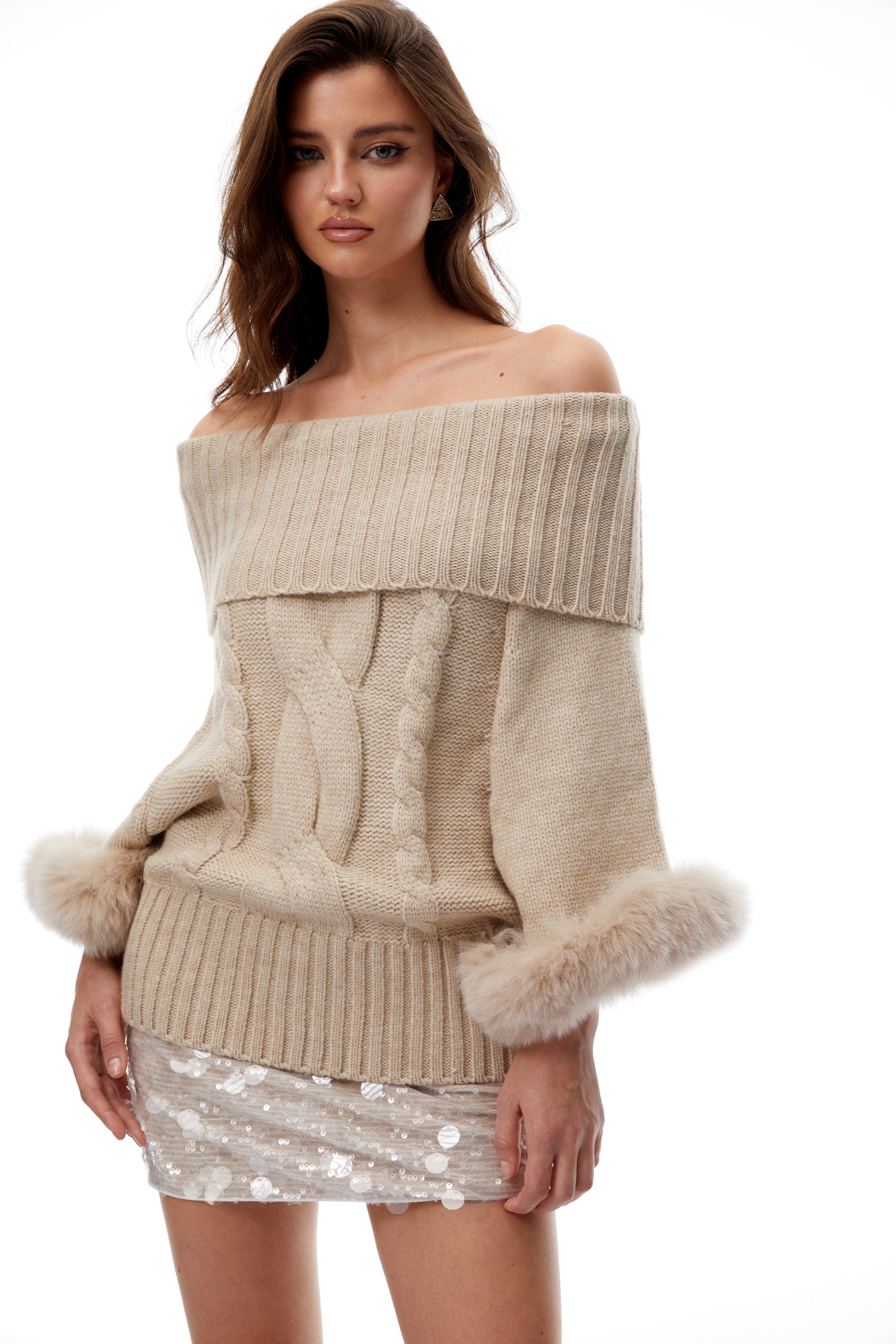 Layla Neutral Fur Trim Cable Knit Sweater (Final Sale-US Only)