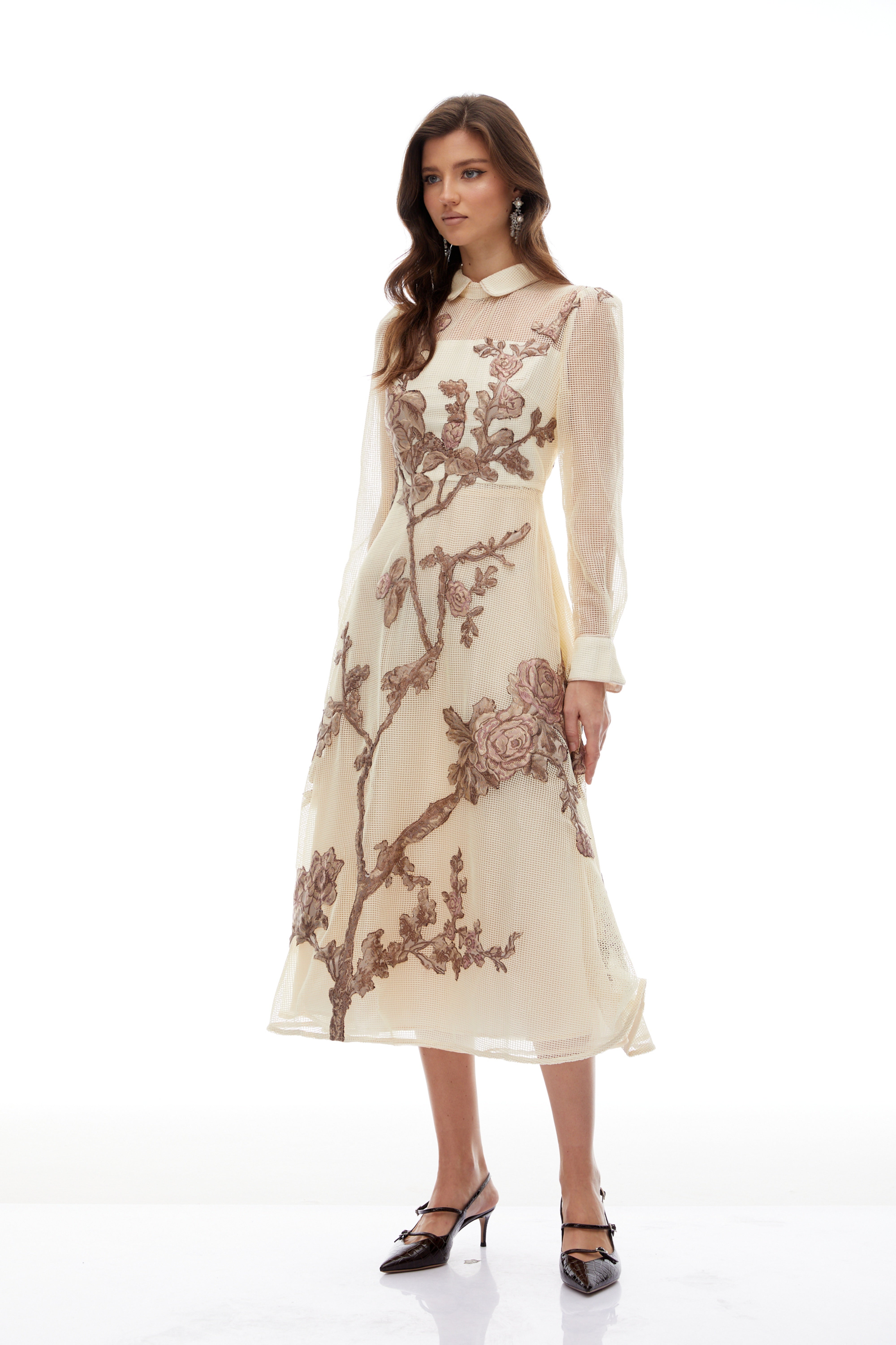 Ginevra Neutral Floral Appliqué Crochet Midi Dress (Final Sale)