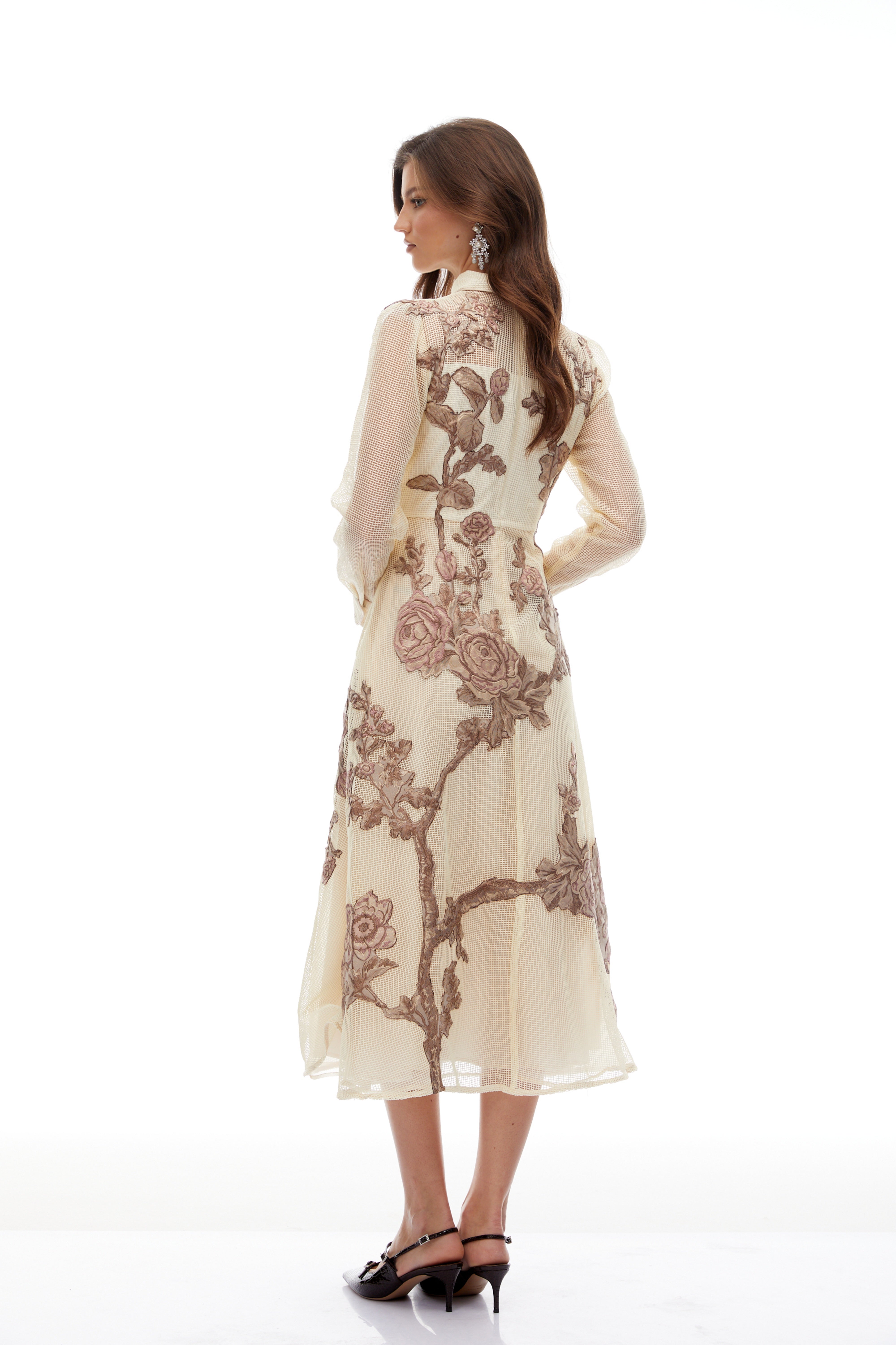 Ginevra Neutral Floral Appliqué Crochet Midi Dress (Final Sale)