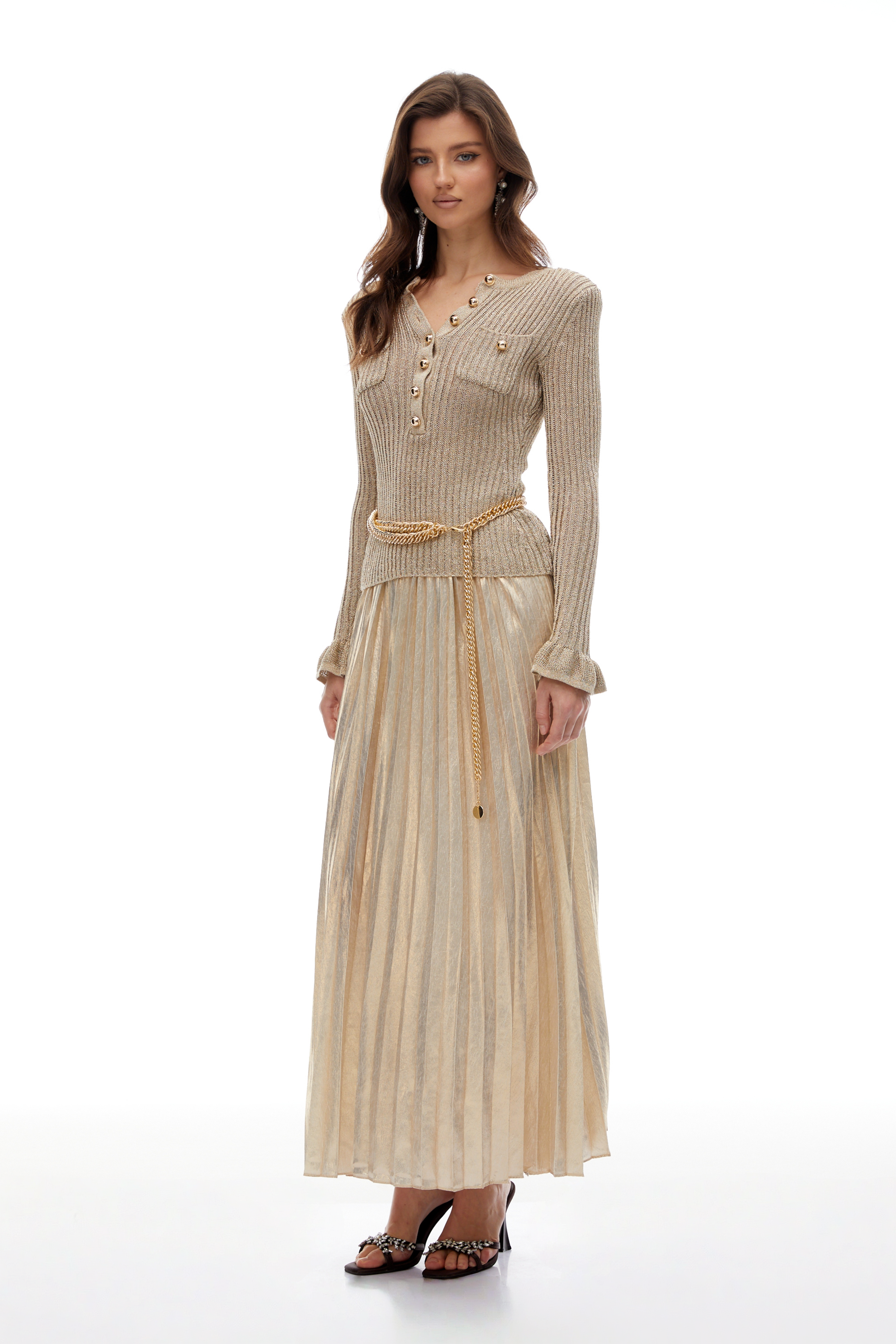 Gold Lurex Ribbed-knit Plissé Maxi Dress