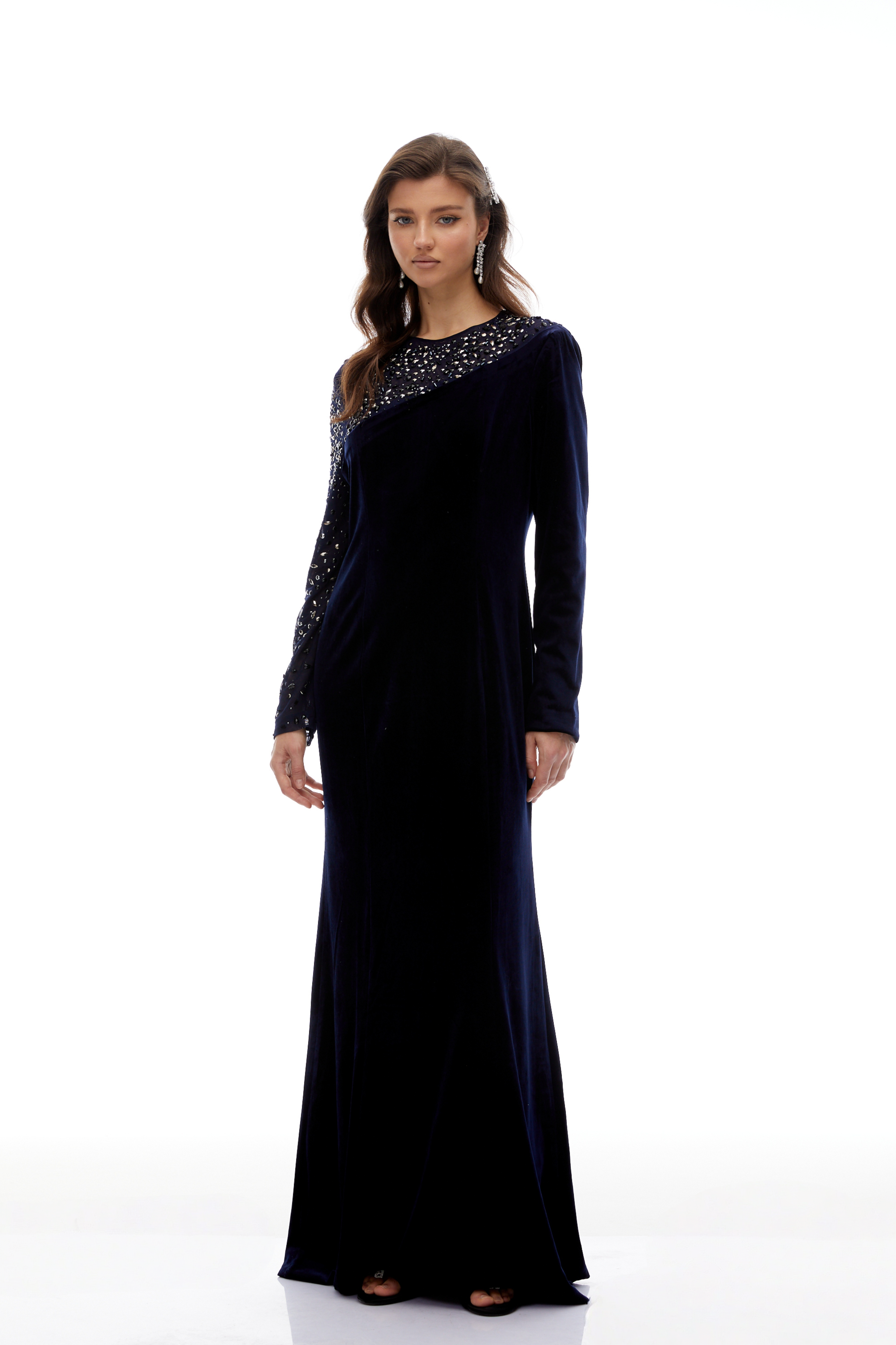 Rosemary Blue Embellished Velvet Maxi Gown (Final Sale-US Only)