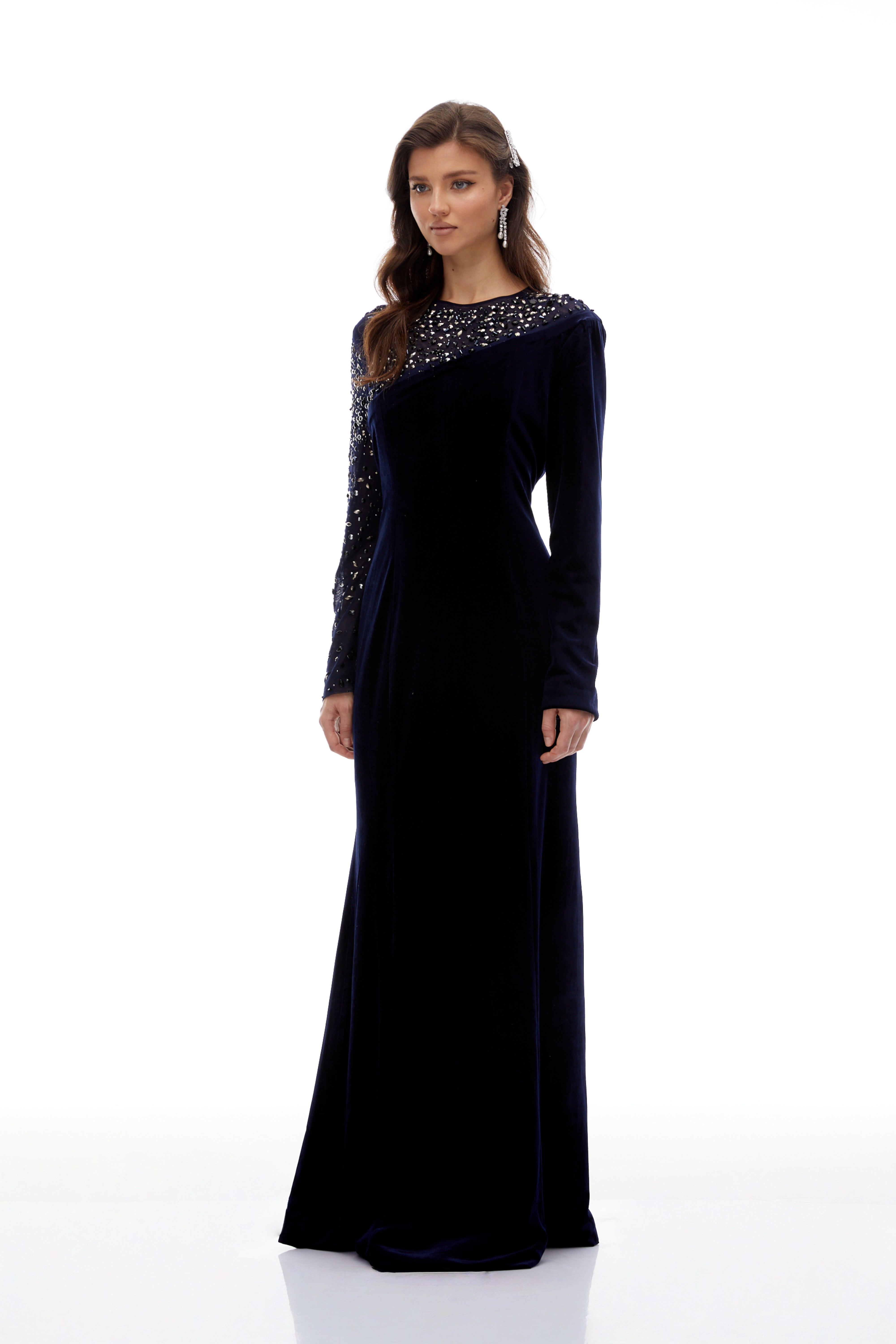 Rosemary Blue Embellished Velvet Maxi Gown (Final Sale-US Only)