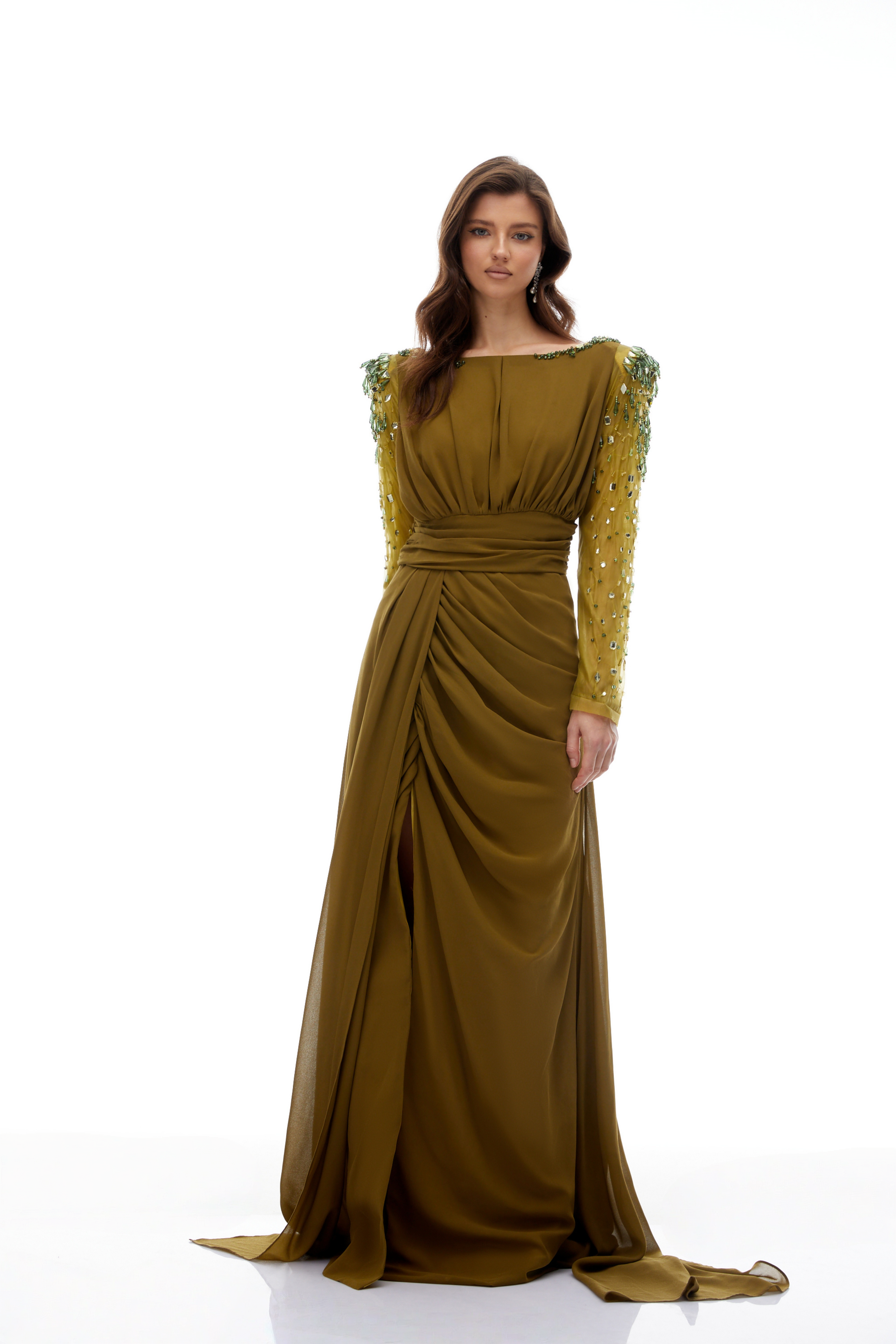 Lesley Green Embellished Draped Chiffon Maxi Gown (Final Sale-US Only)