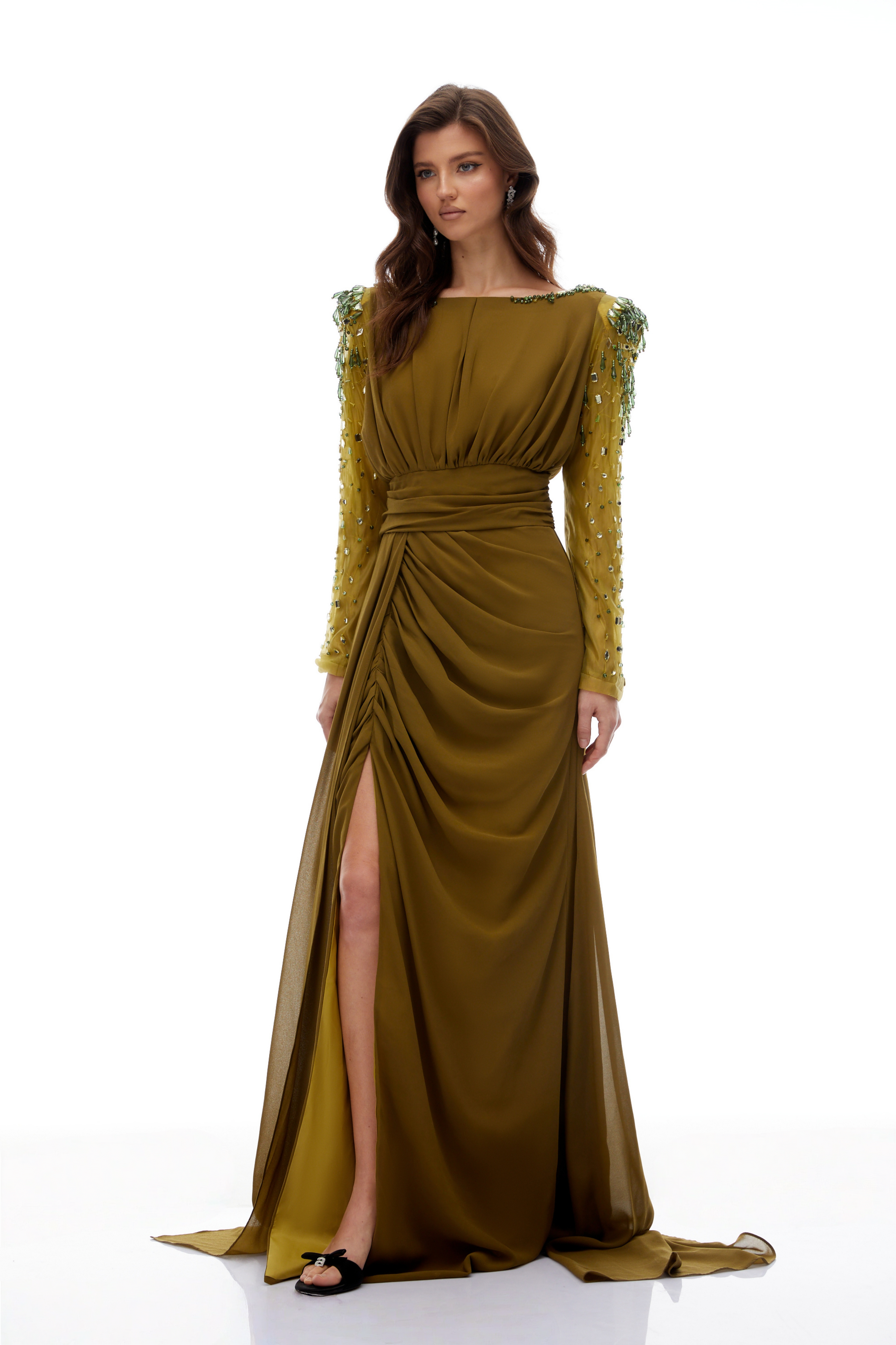 Lesley Green Embellished Draped Chiffon Maxi Gown (Final Sale-US Only)