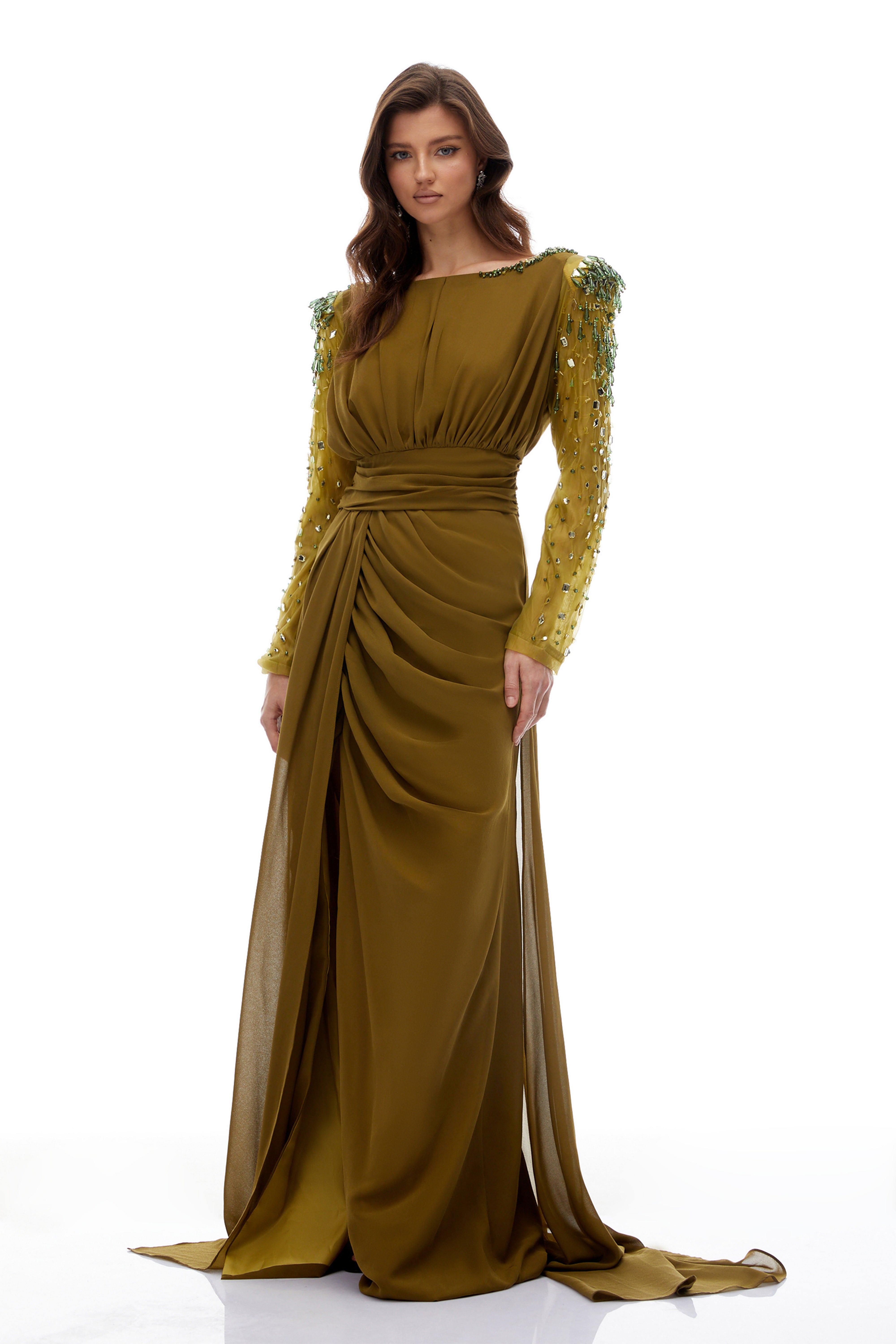 Lesley Green Embellished Draped Chiffon Maxi Gown (Final Sale-US Only)