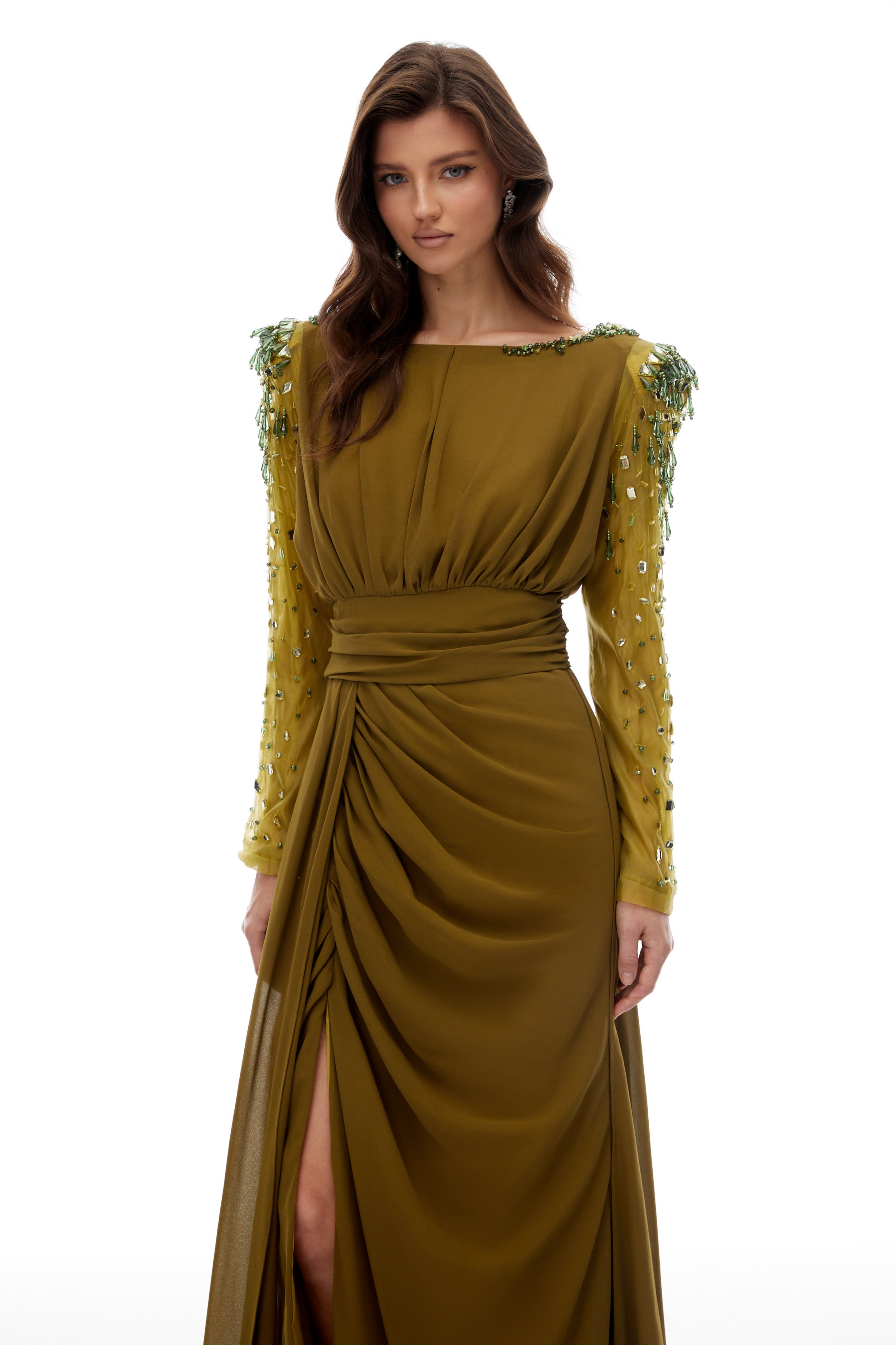 Lesley Green Embellished Draped Chiffon Maxi Gown (Final Sale-US Only)