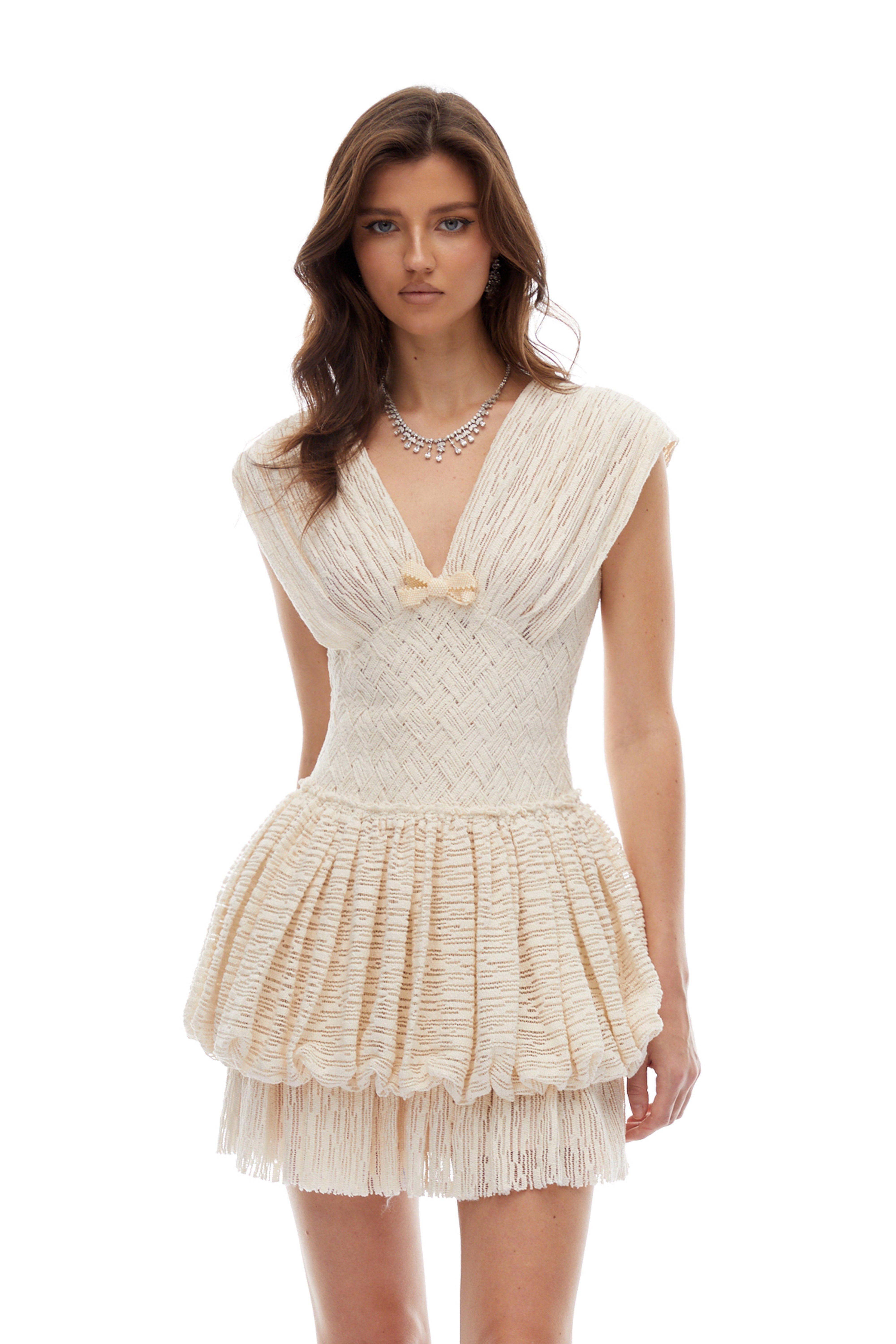 Mavis Neutrals Bowknot Braided Textured Mini Dress (Final Sale)