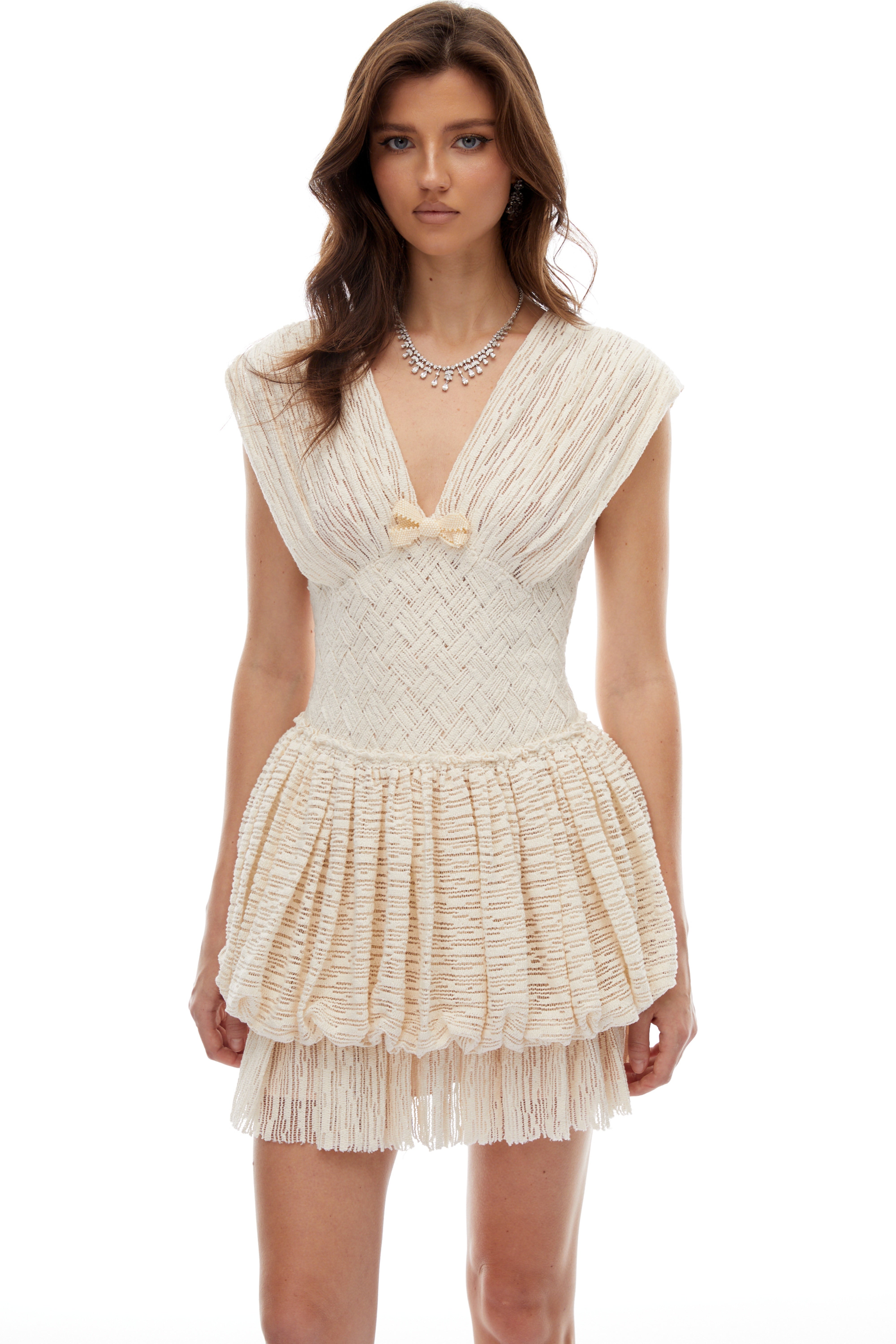 Mavis Neutrals Bowknot Braided Textured Mini Dress (Final Sale)