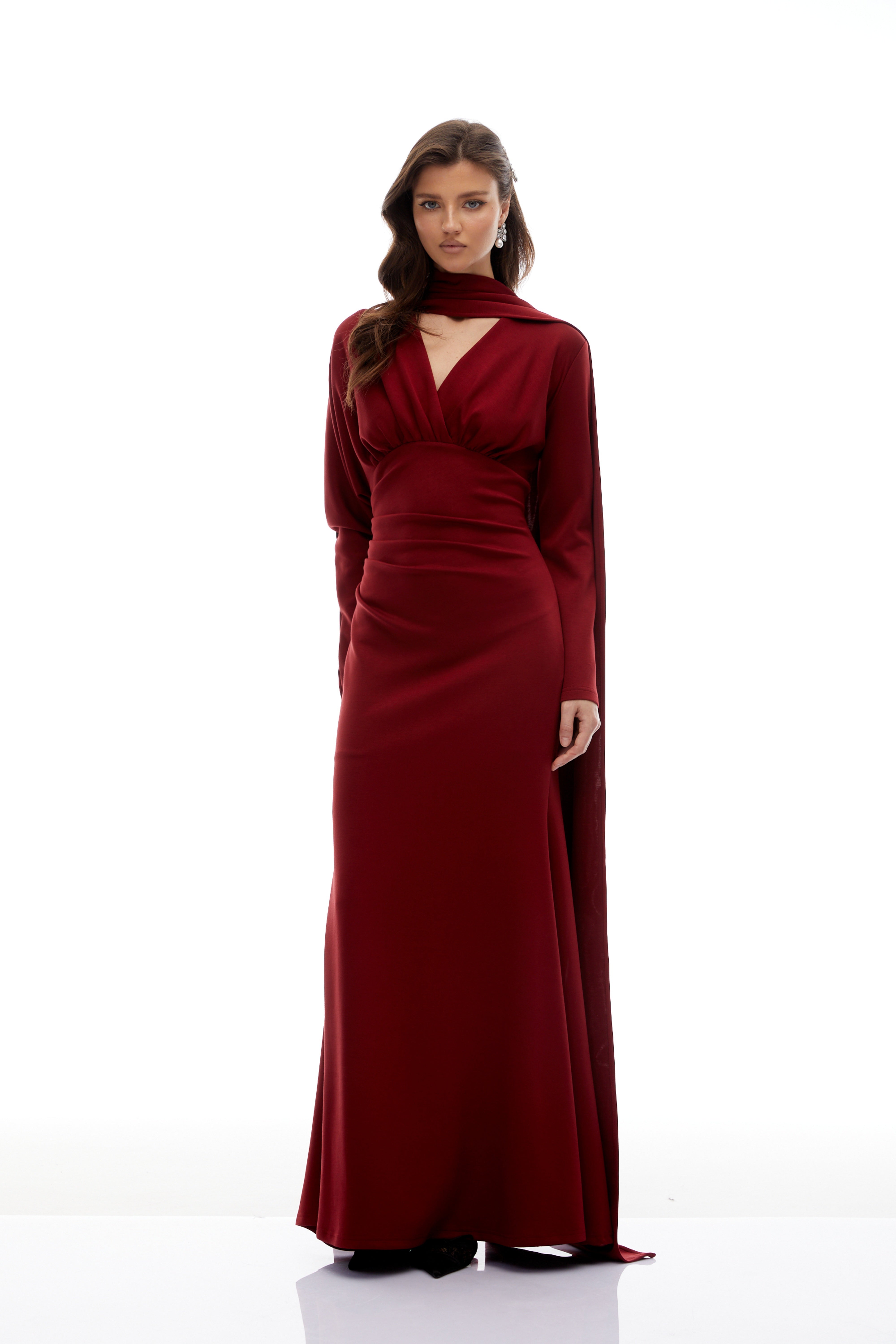 Robe longue froncée « Margot Red Scarf Design » (Vente définitive)