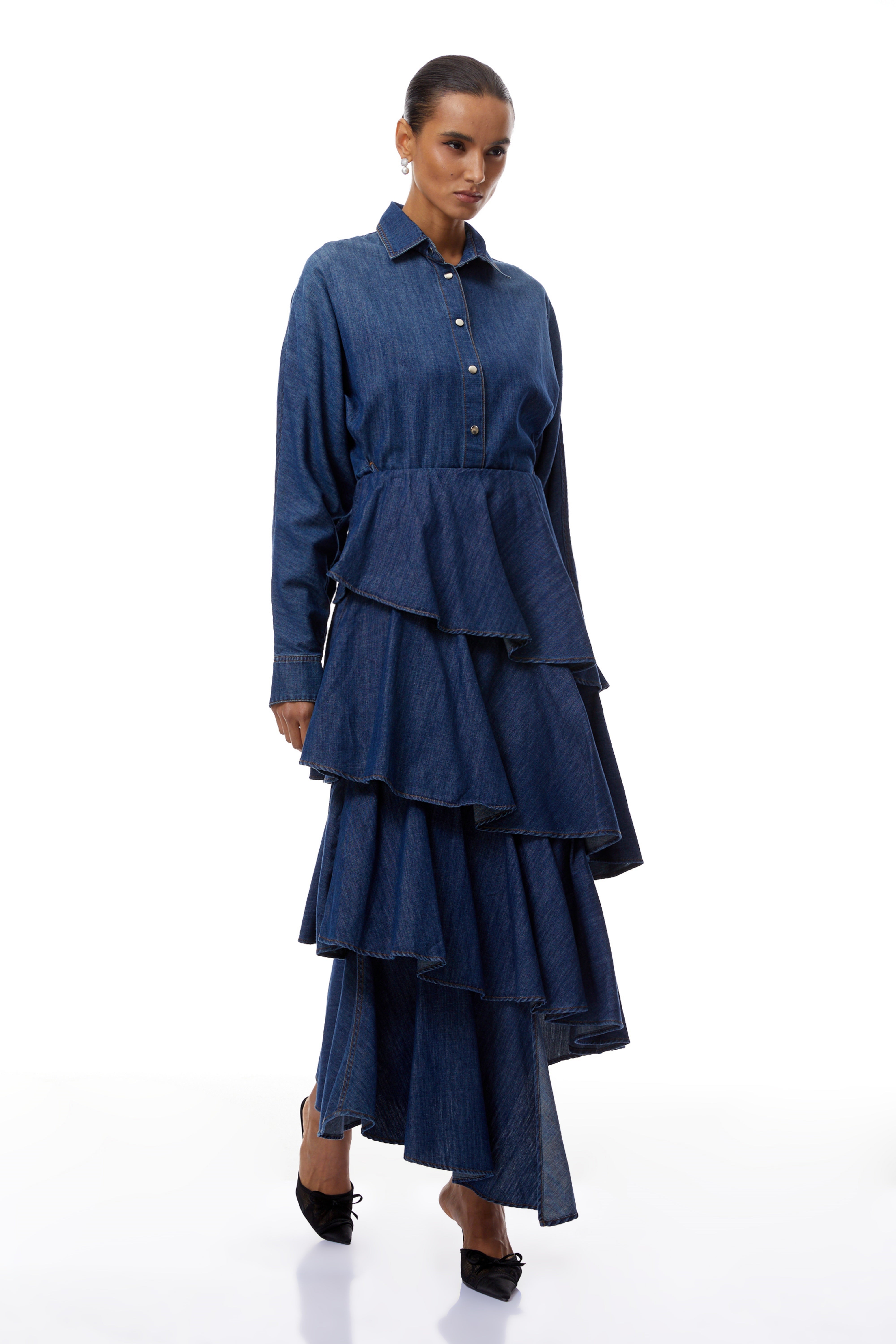 Geneviève Blue Denim Shirt & Tiered Skirt Set (Final Sale)