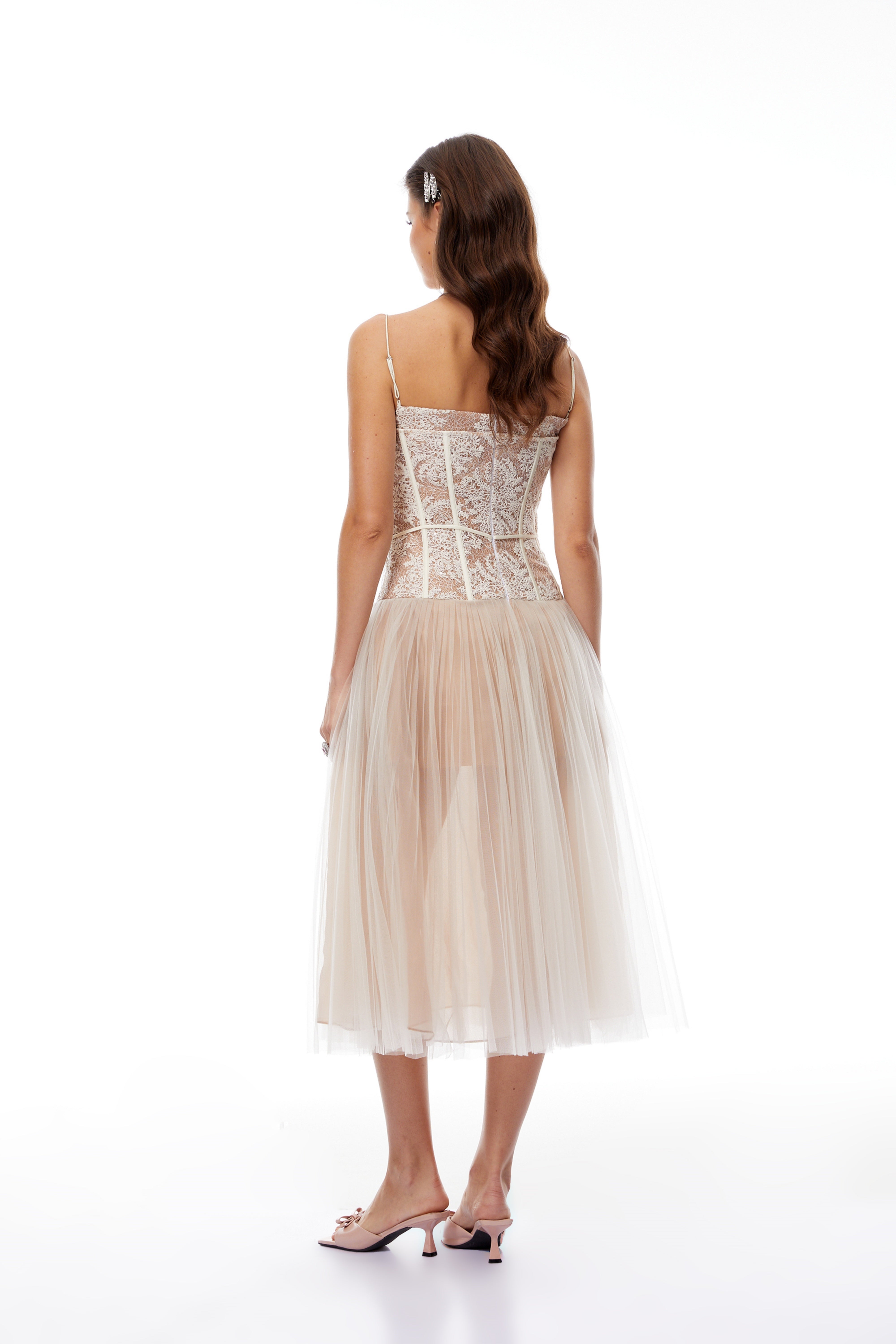 Mira Neutrals Lace Panel Tulle Midi Dress (Final Sale)