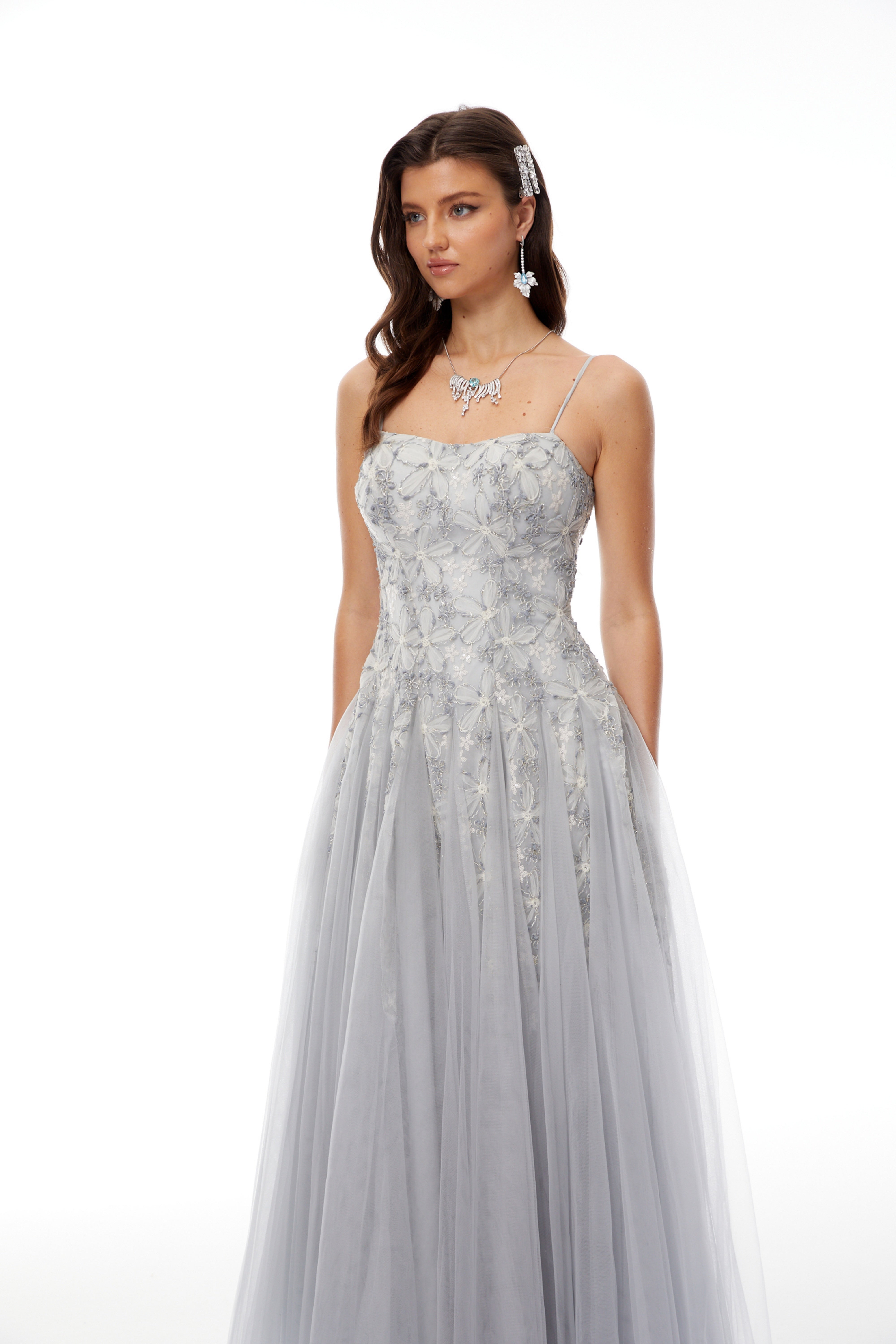 Adalynn Grey Floral Embroidered Tulle Maxi Dress (Final Sale-US Only)