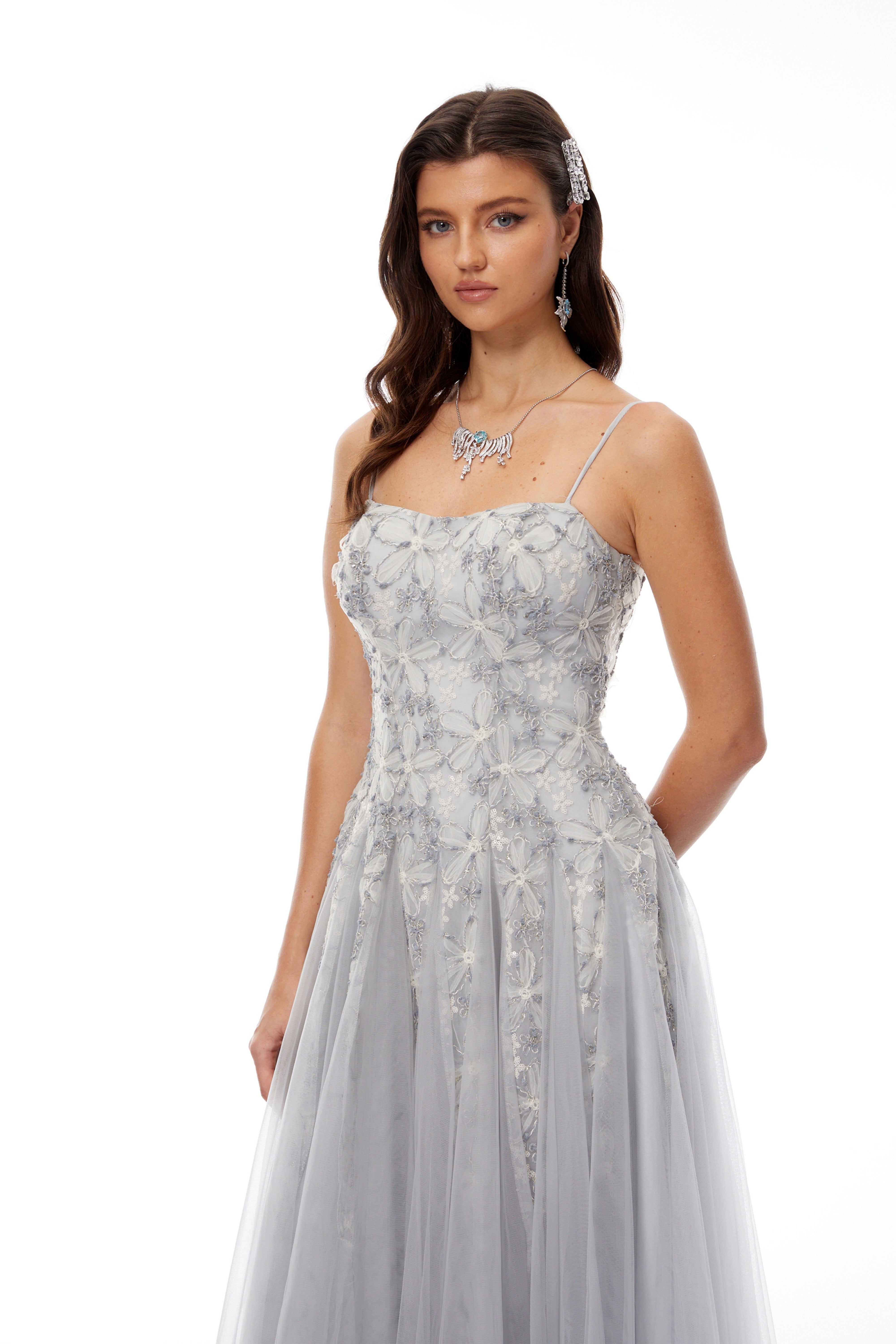 Adalynn Grey Floral Embroidered Tulle Maxi Dress (Final Sale-US Only)