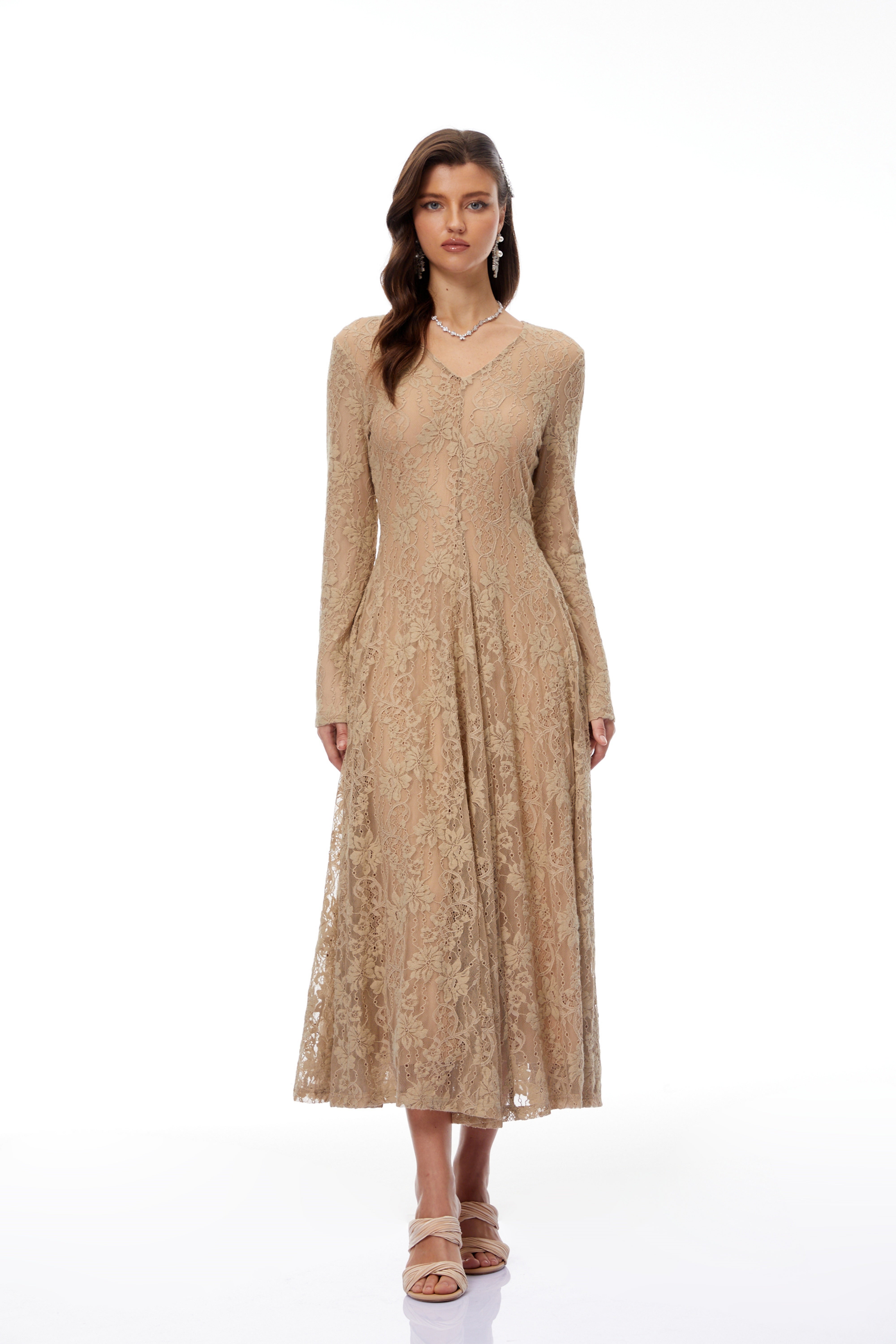 Fernanda Neutral Floral Lace Midi Dress (Final Sale)