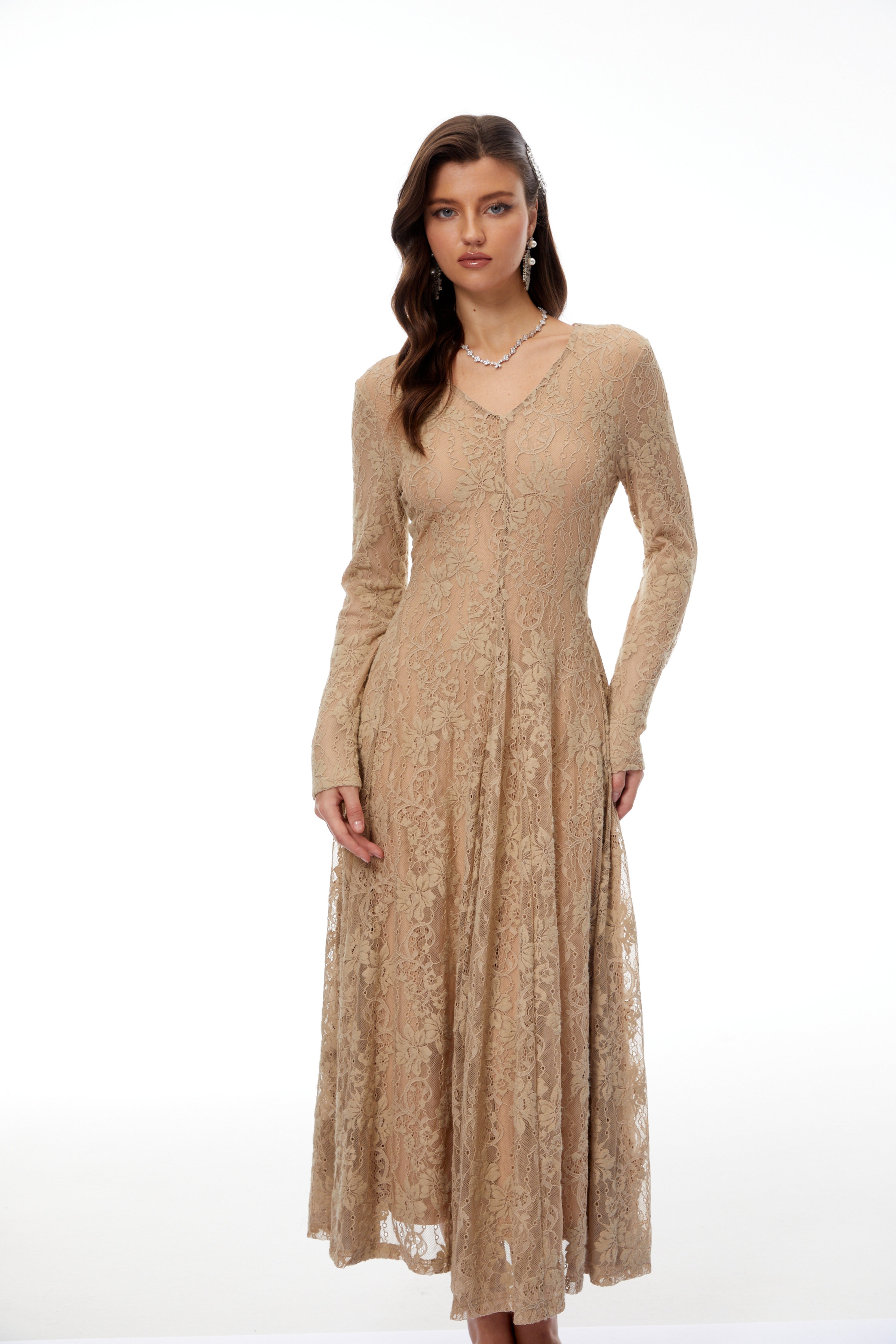 Fernanda Neutral Floral Lace Midi Dress (Final Sale)