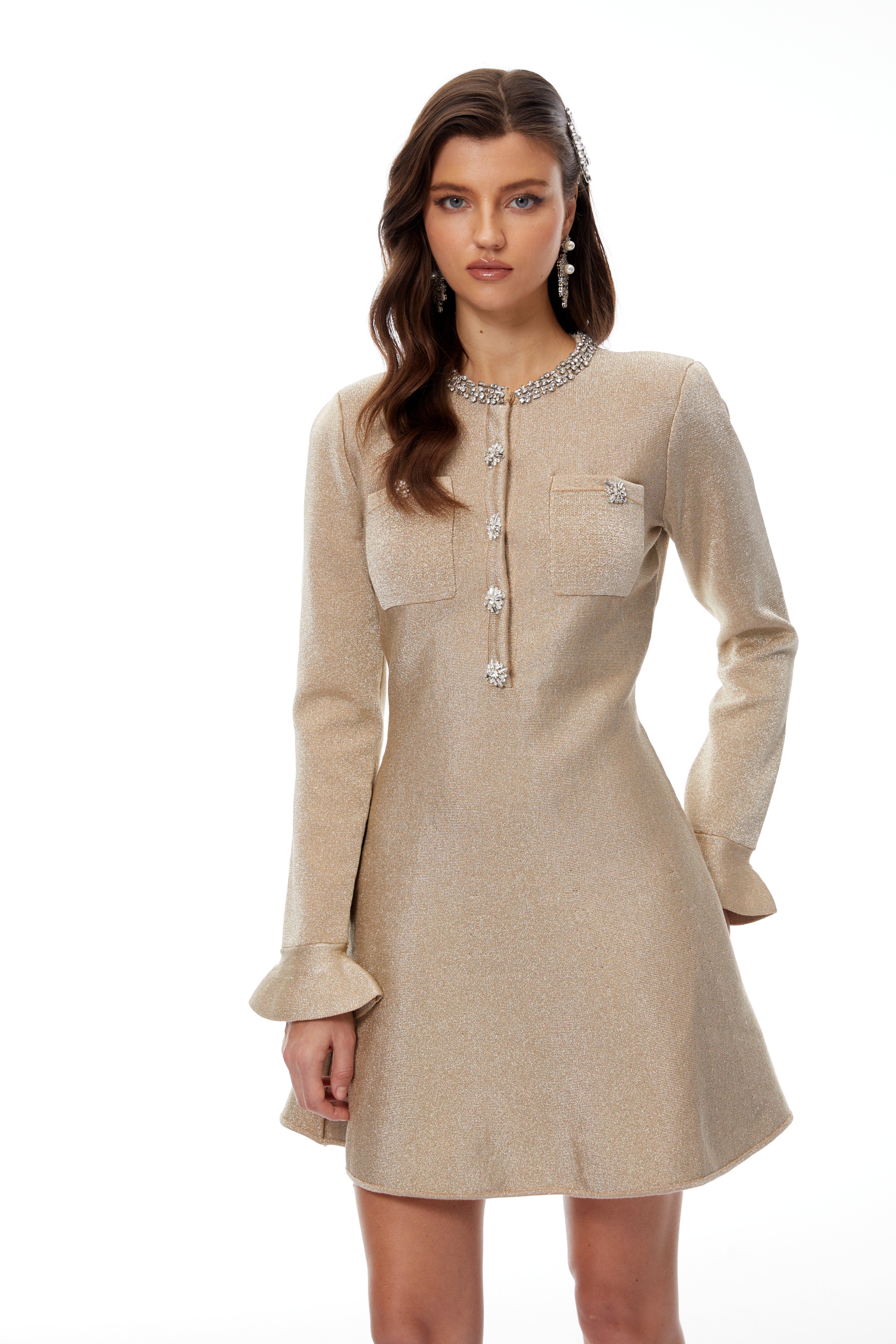 Cayetana Khaki Crystal Embellished Knit Mini Dress (Final Sale)
