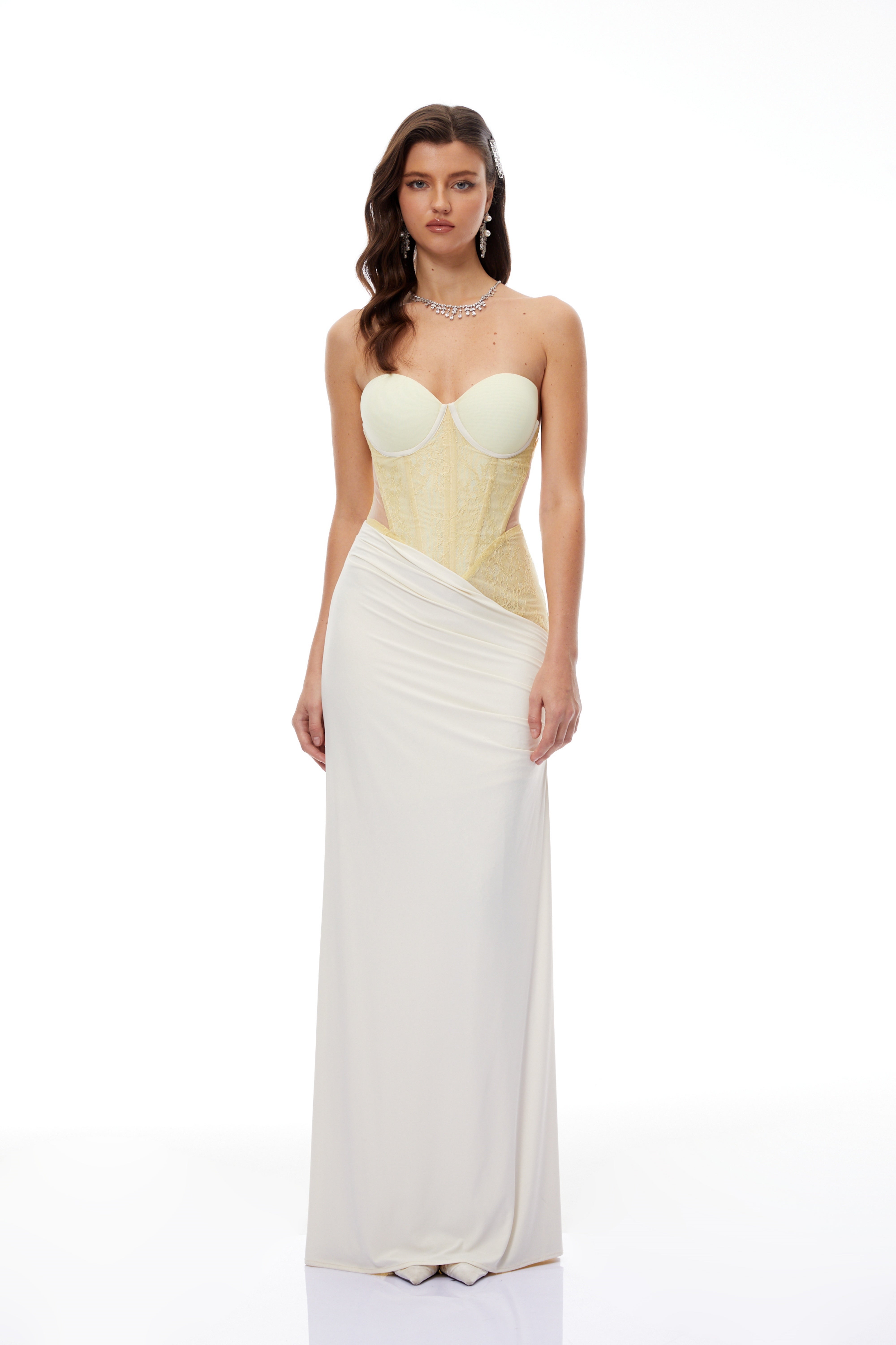 Beata Yellow Lace Corset Bodice Maxi Dress