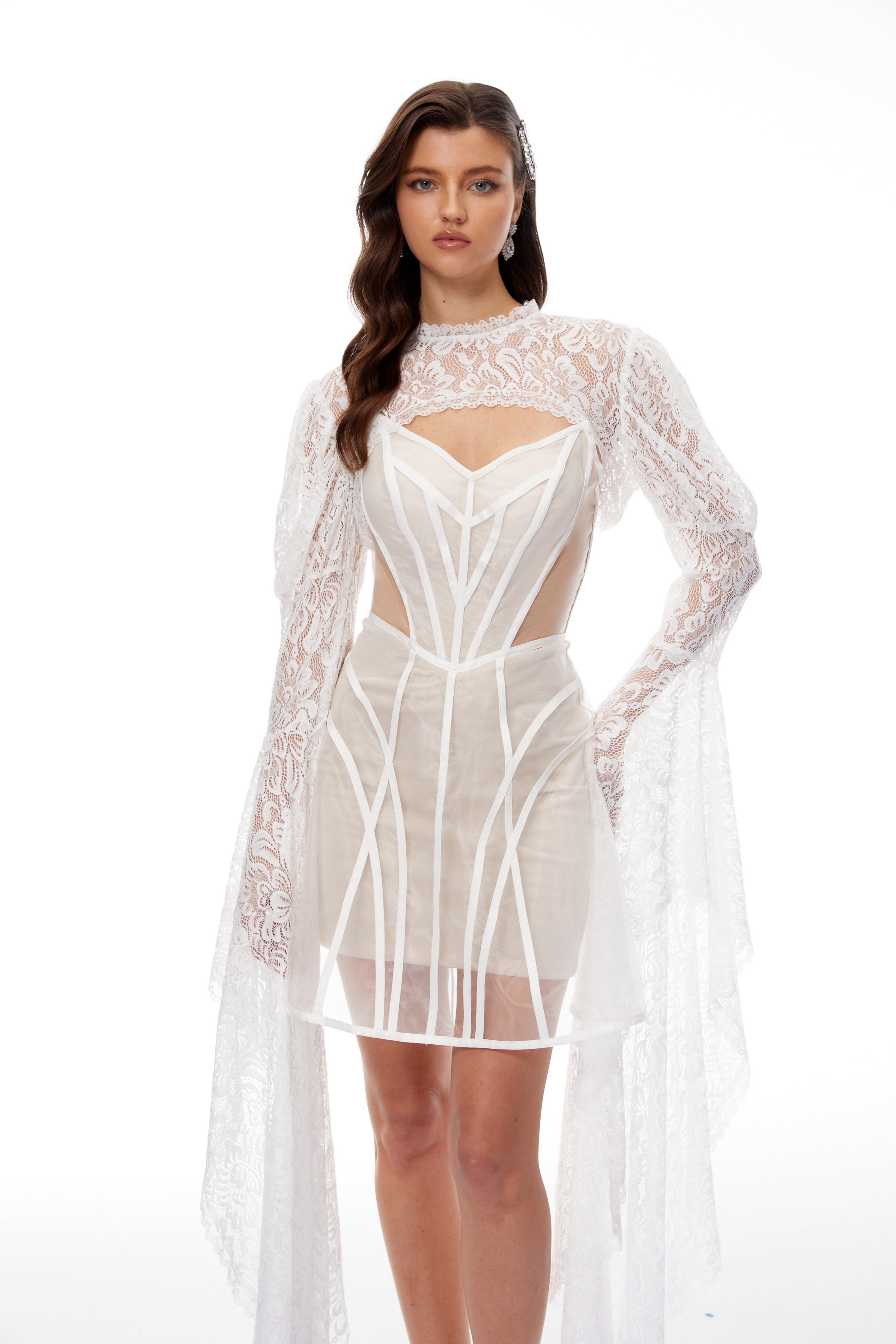 Ilaria White Lace Shrug & Linear Organza Dress Set (Final Sale)