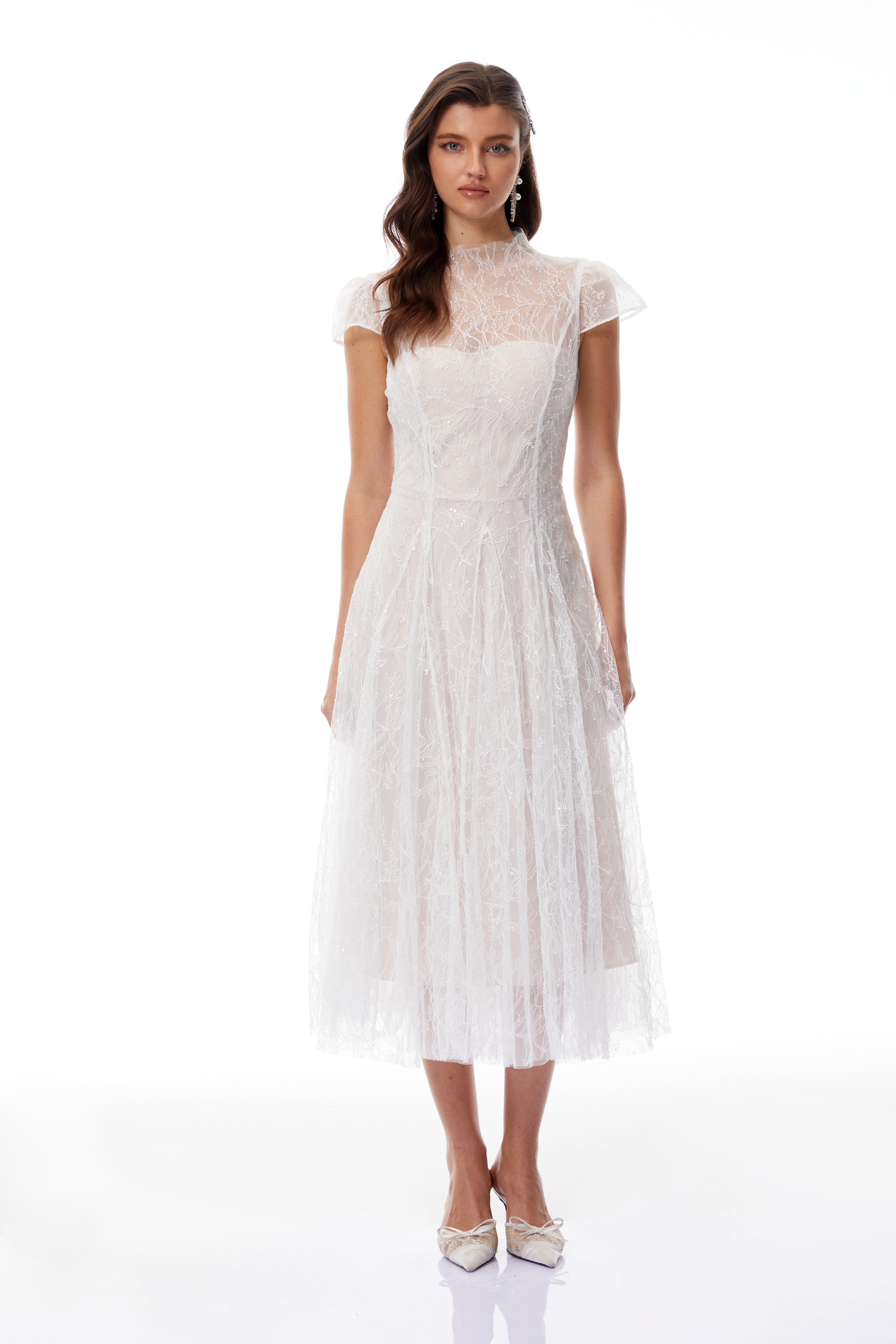 Robe longue Velia en tulle pailleté et dentelle blanche (vente définitive)