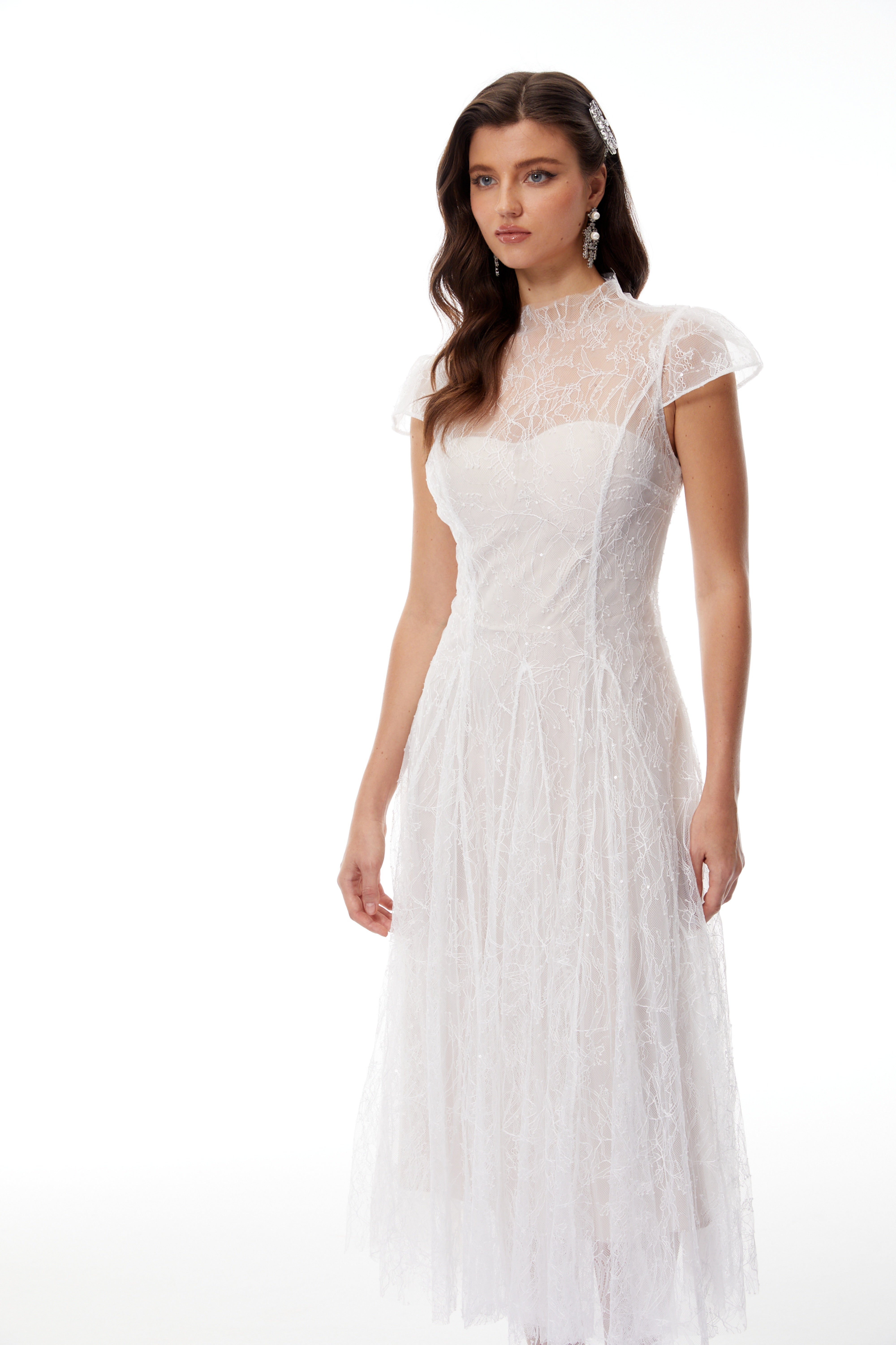Robe longue Velia en tulle pailleté et dentelle blanche (vente définitive)
