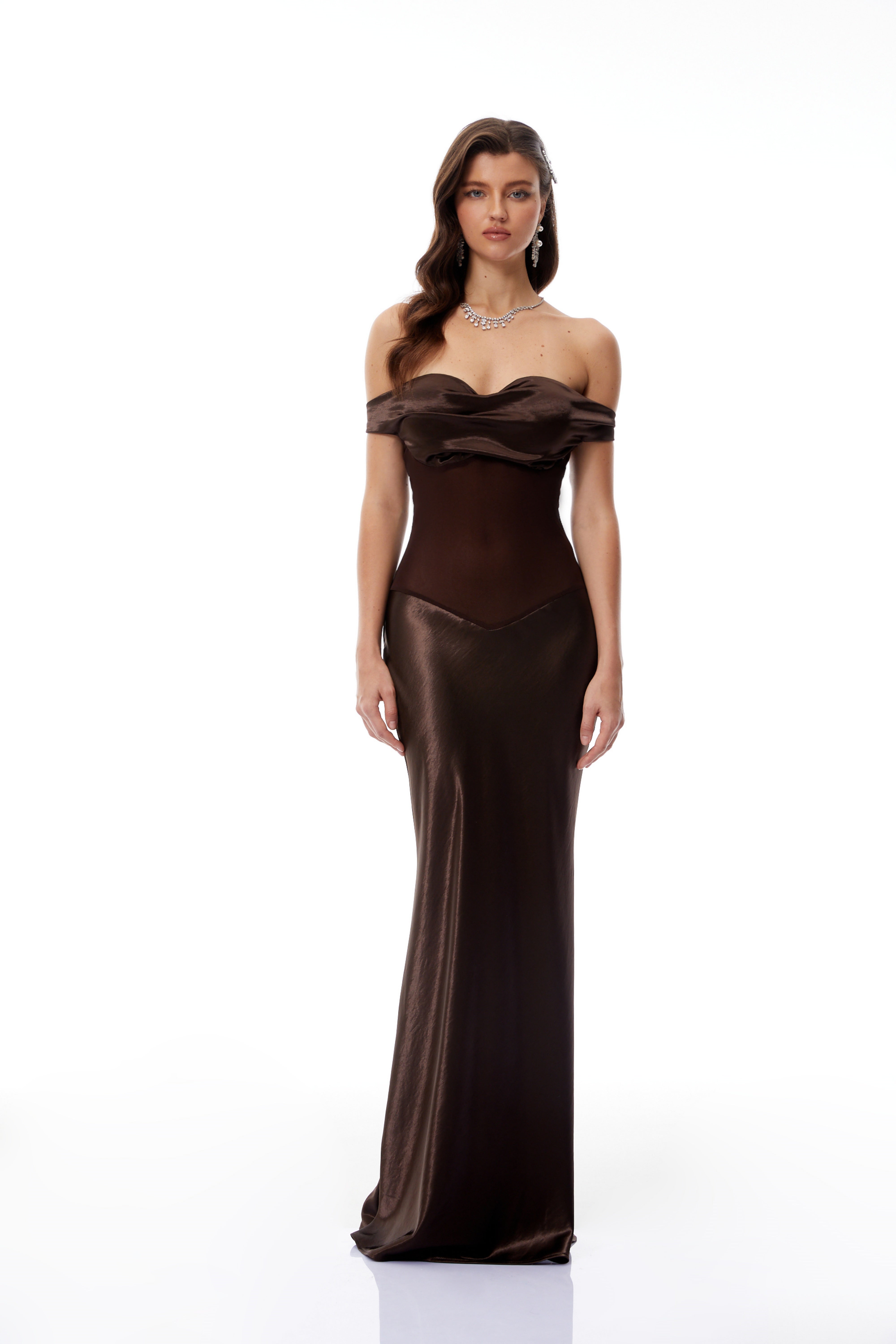 Gitta Brown Off Shoulder Satin Maxi Gown (Final Sale)