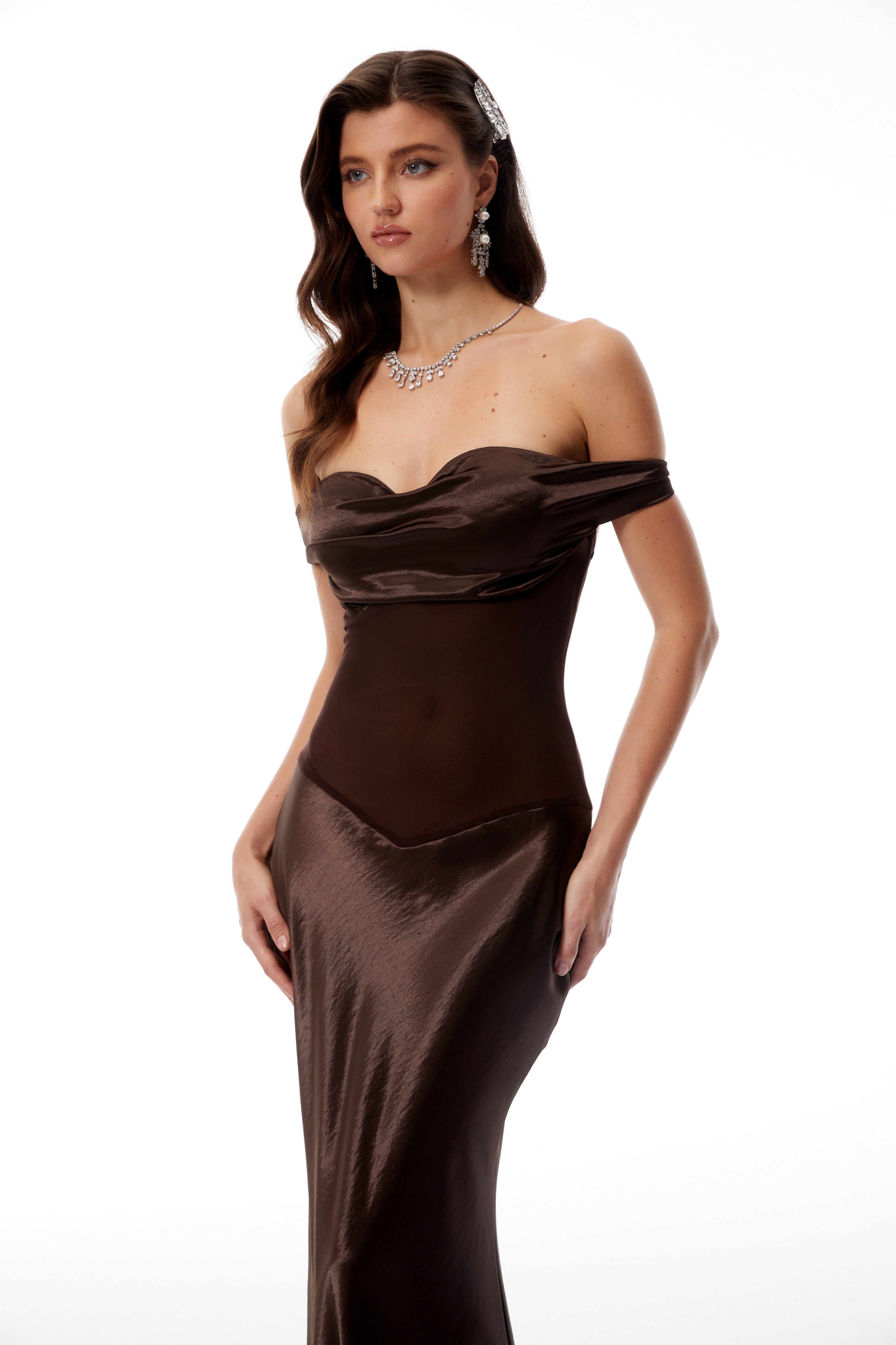 Gitta Brown Off Shoulder Satin Maxi Gown (Final Sale)