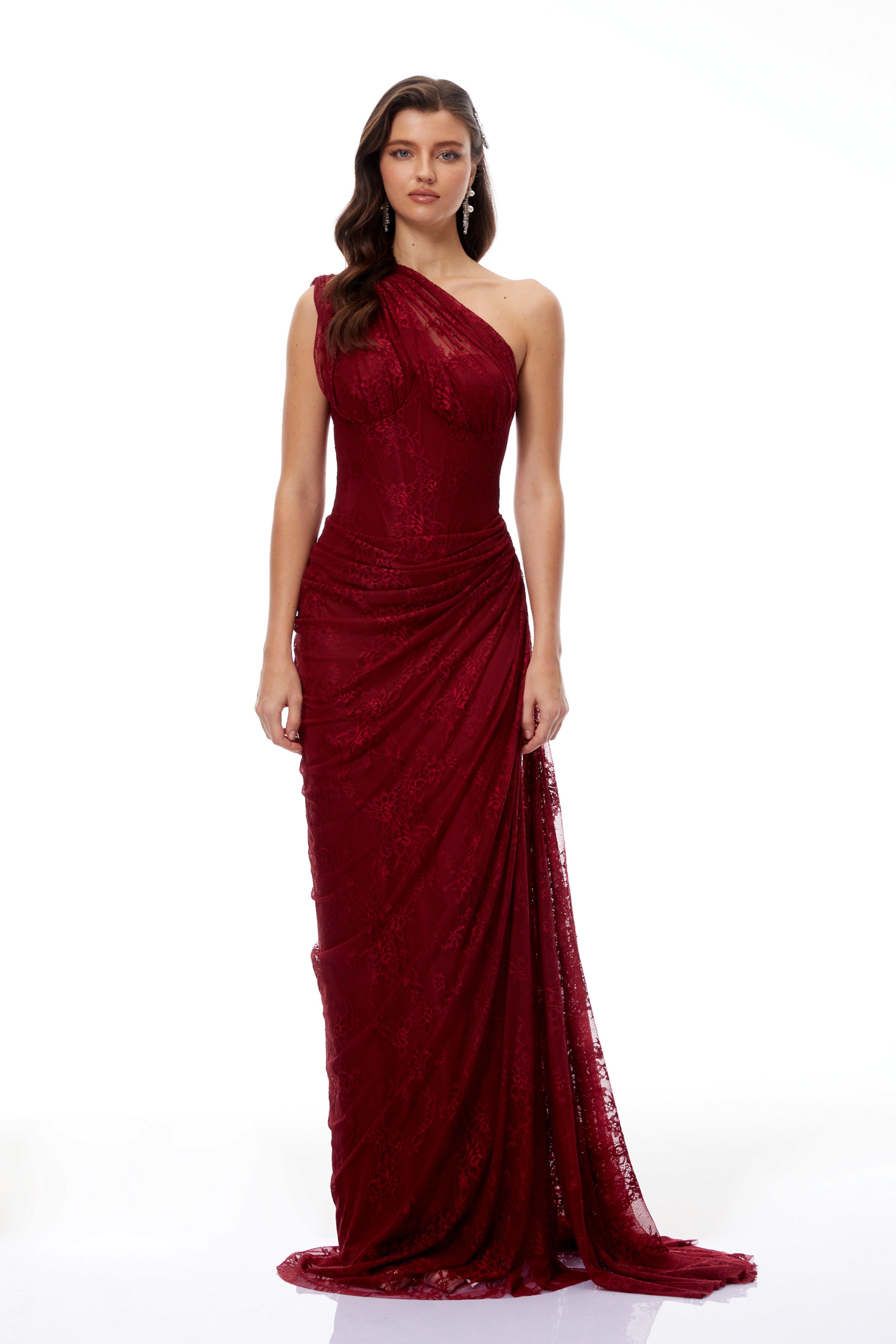 One Shoulder Lace Dress in Burgundy