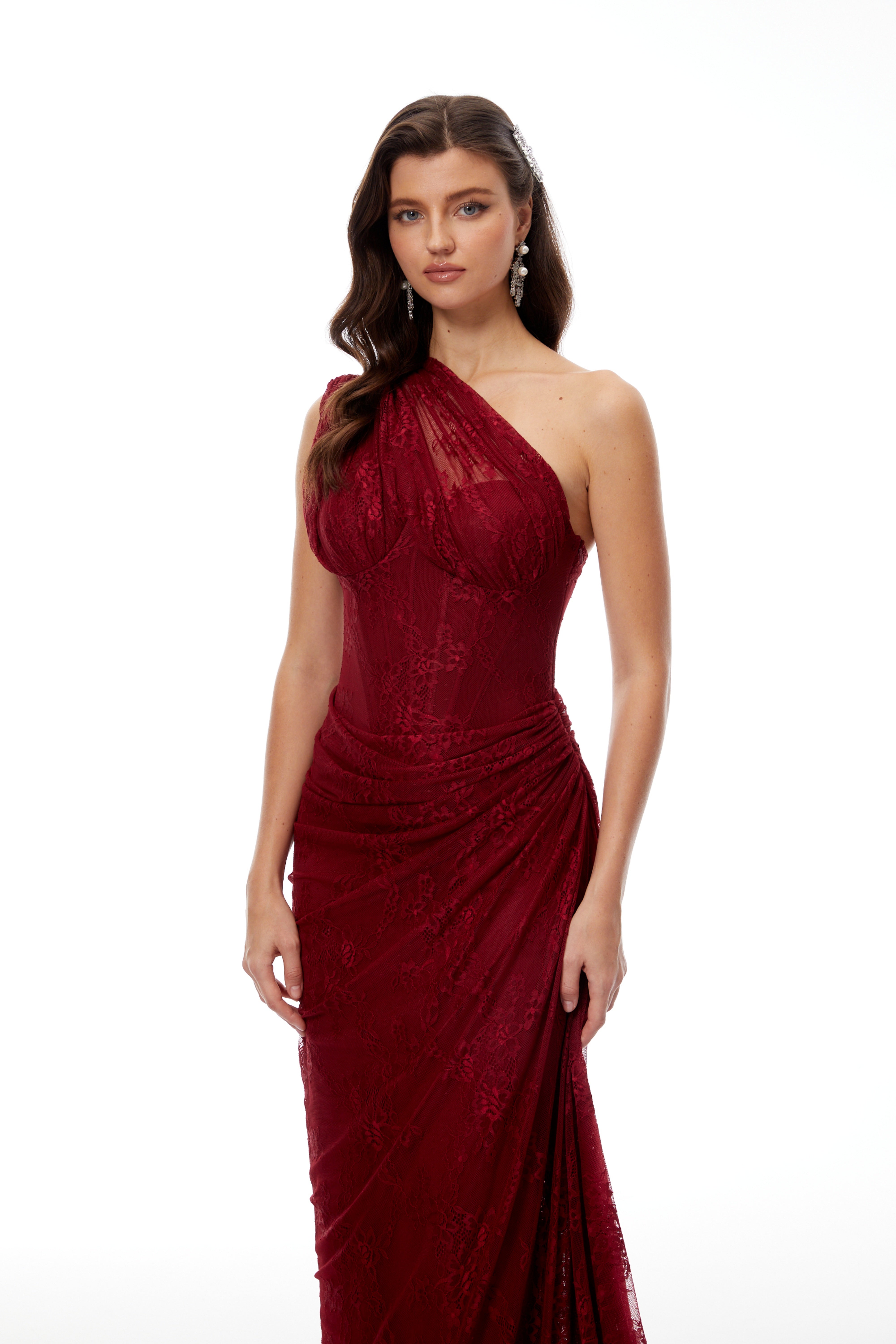 One Shoulder Lace Dress in Burgundy