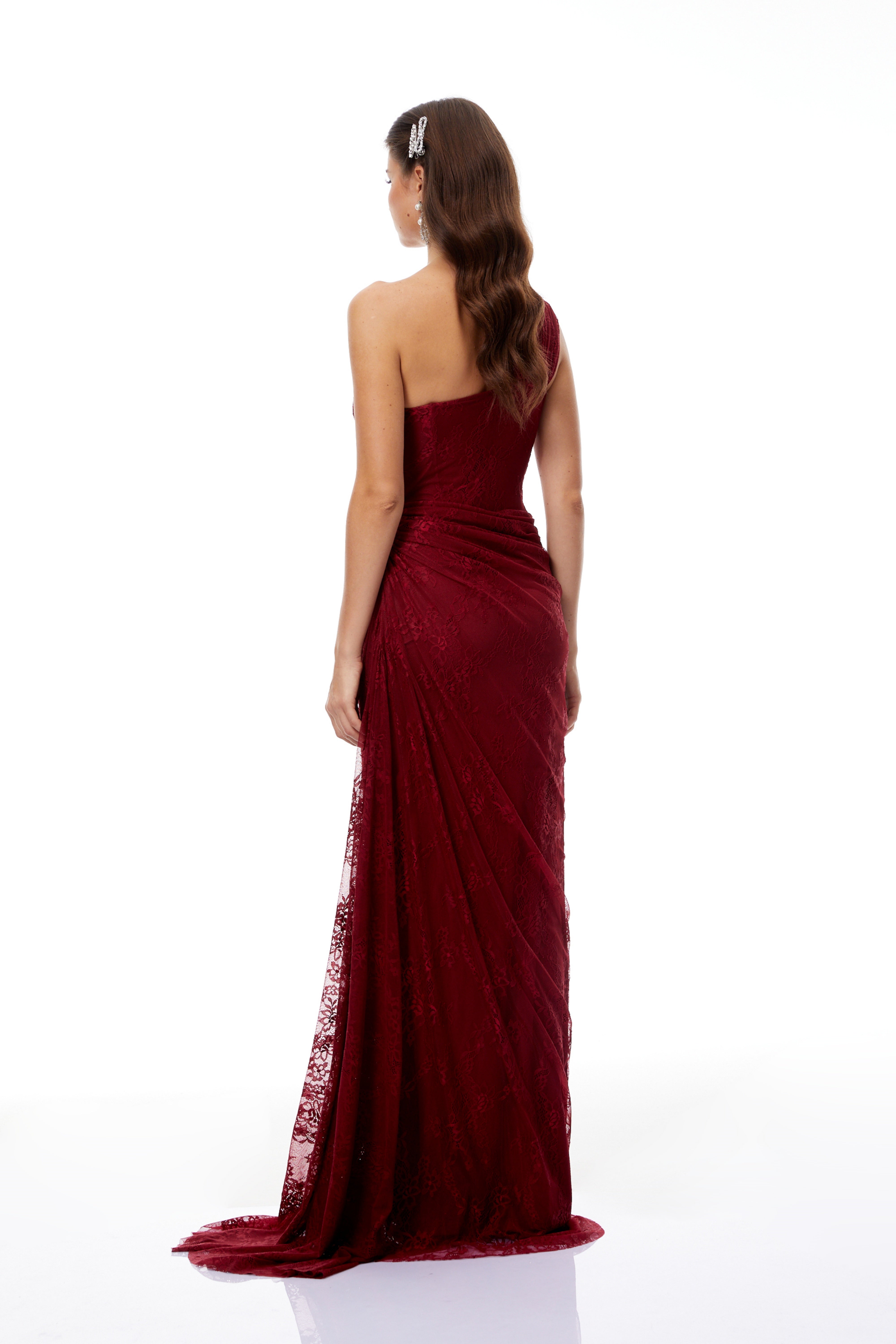 One Shoulder Lace Dress in Burgundy