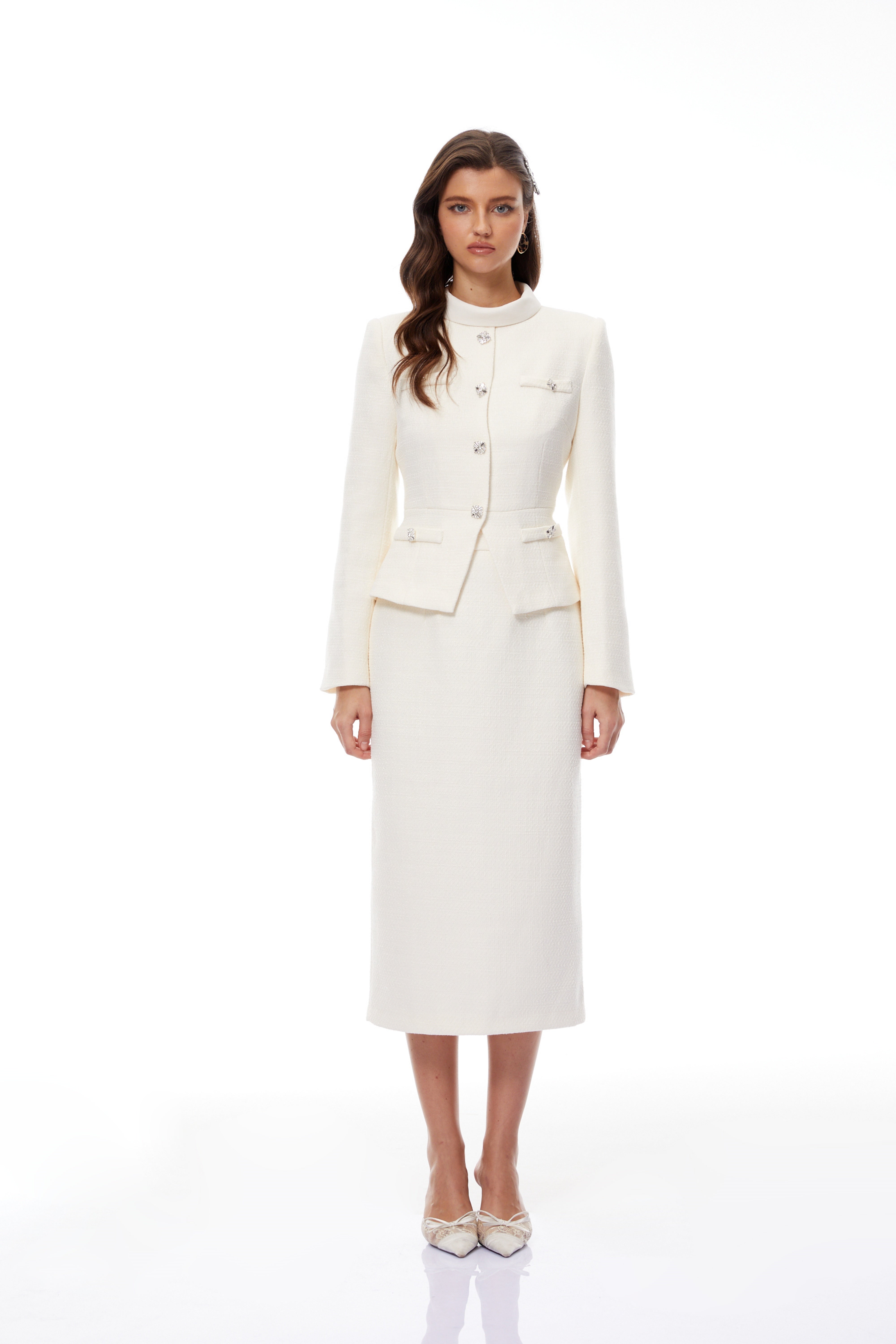 Regina White Crystal Embellished Tweed Jacket & Skirt Set (Final Sale-US Only)