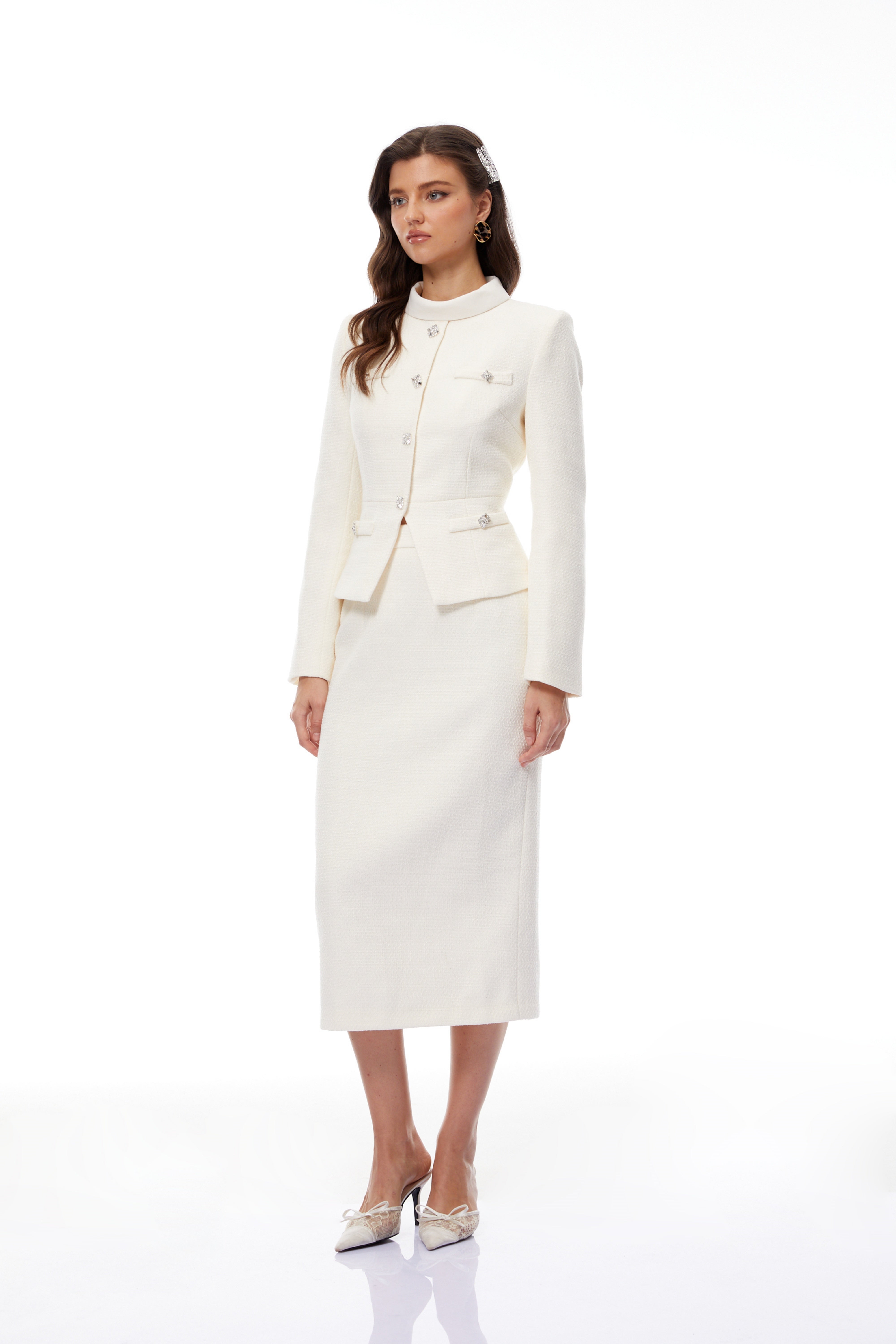 Regina White Crystal Embellished Tweed Jacket & Skirt Set (Final Sale-US Only)