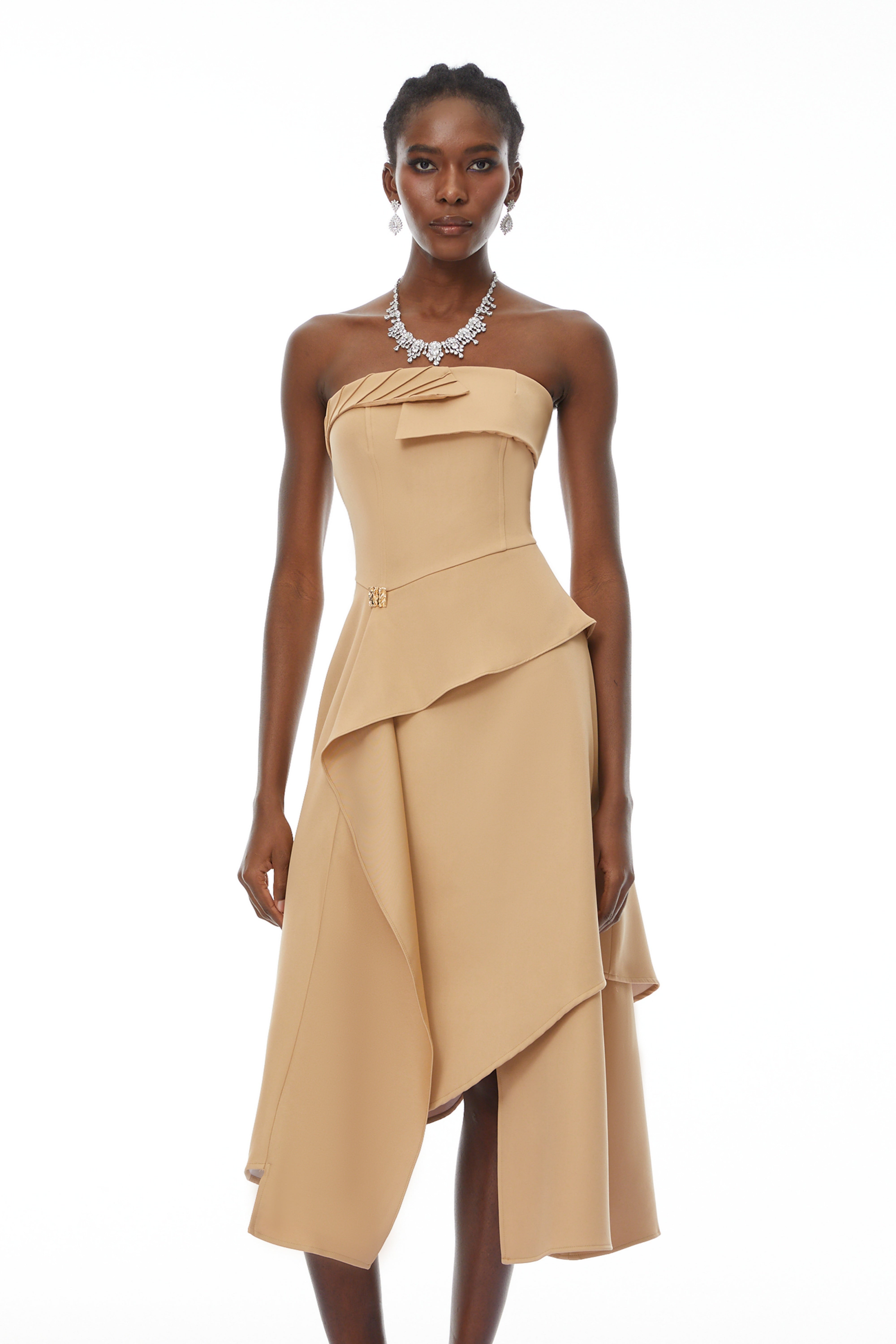 Mateo Khaki Off-Shoulder Asymmetrical Midi Dress (Final Sale-US Only)