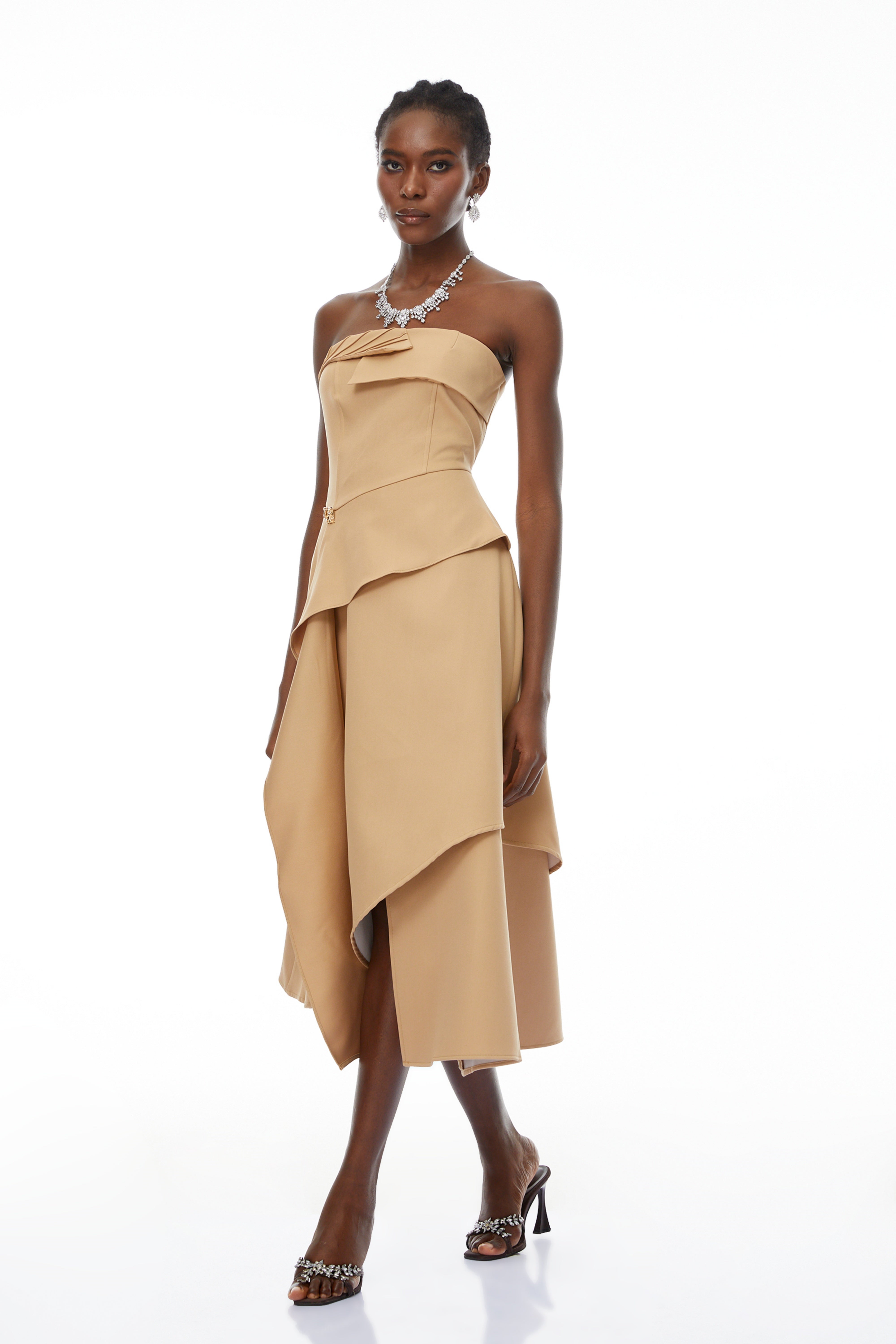 Mateo Khaki Off-Shoulder Asymmetrical Midi Dress (Final Sale-US Only)
