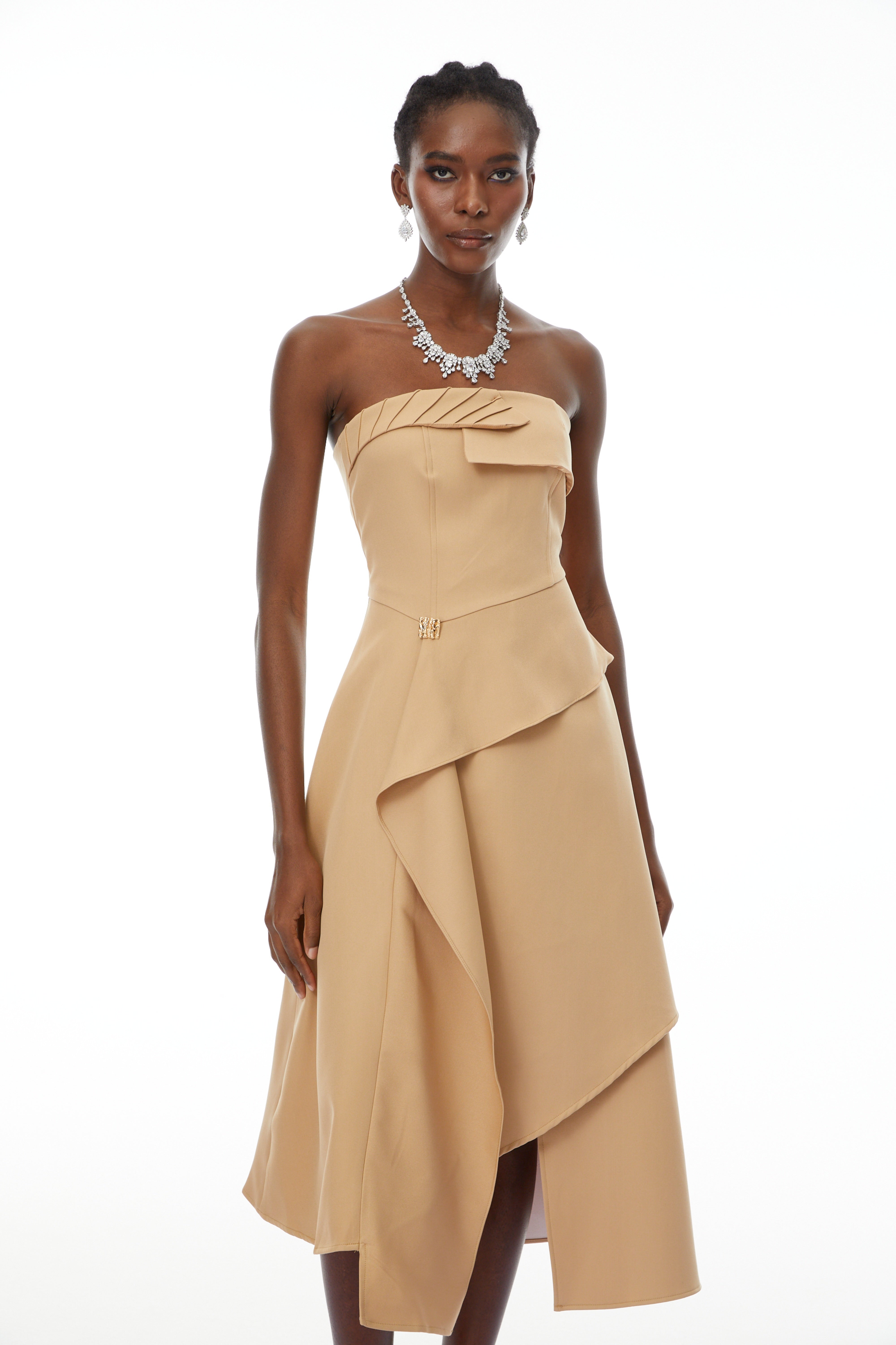 Mateo Khaki Off-Shoulder Asymmetrical Midi Dress (Final Sale-US Only)