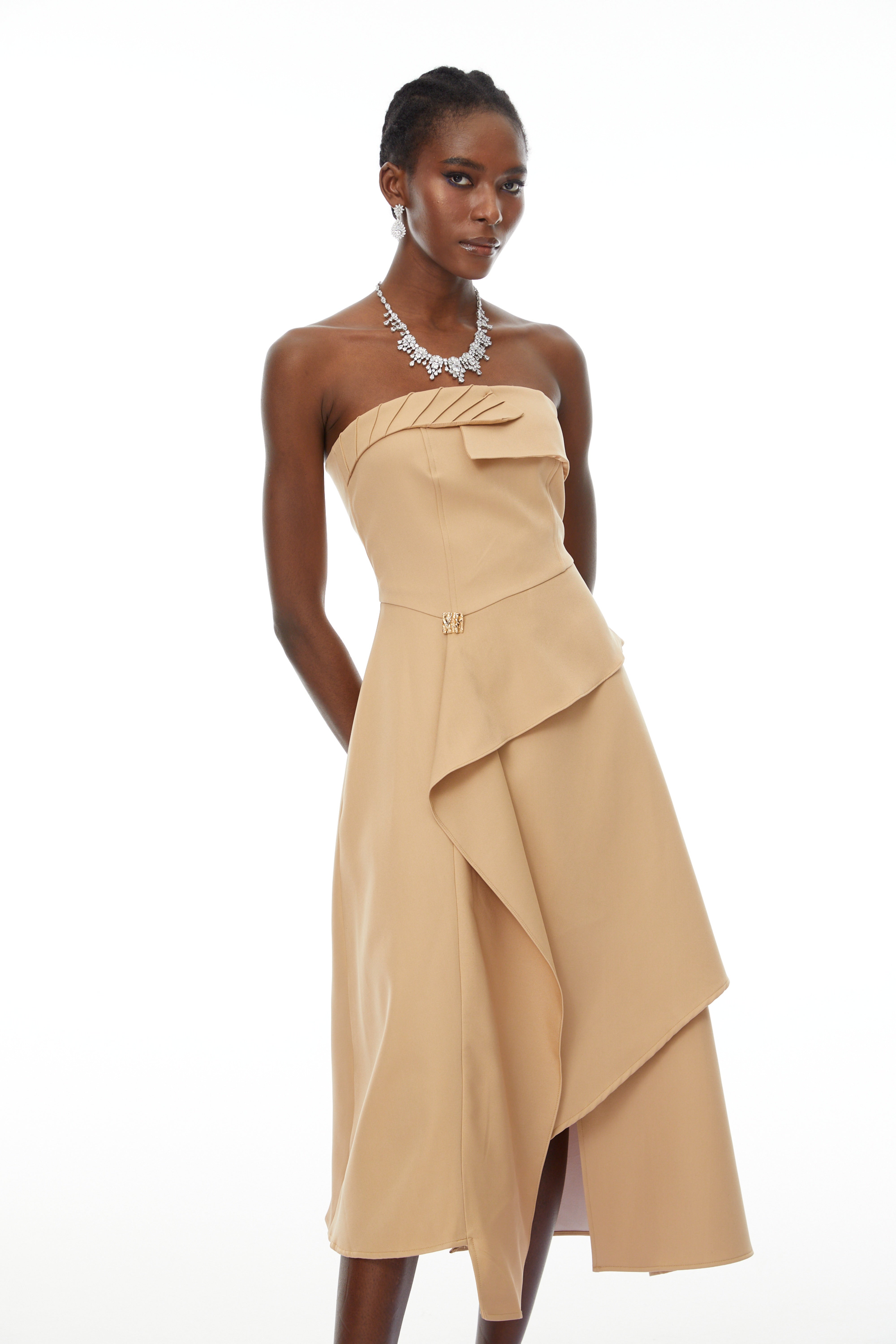 Mateo Khaki Off-Shoulder Asymmetrical Midi Dress (Final Sale-US Only)
