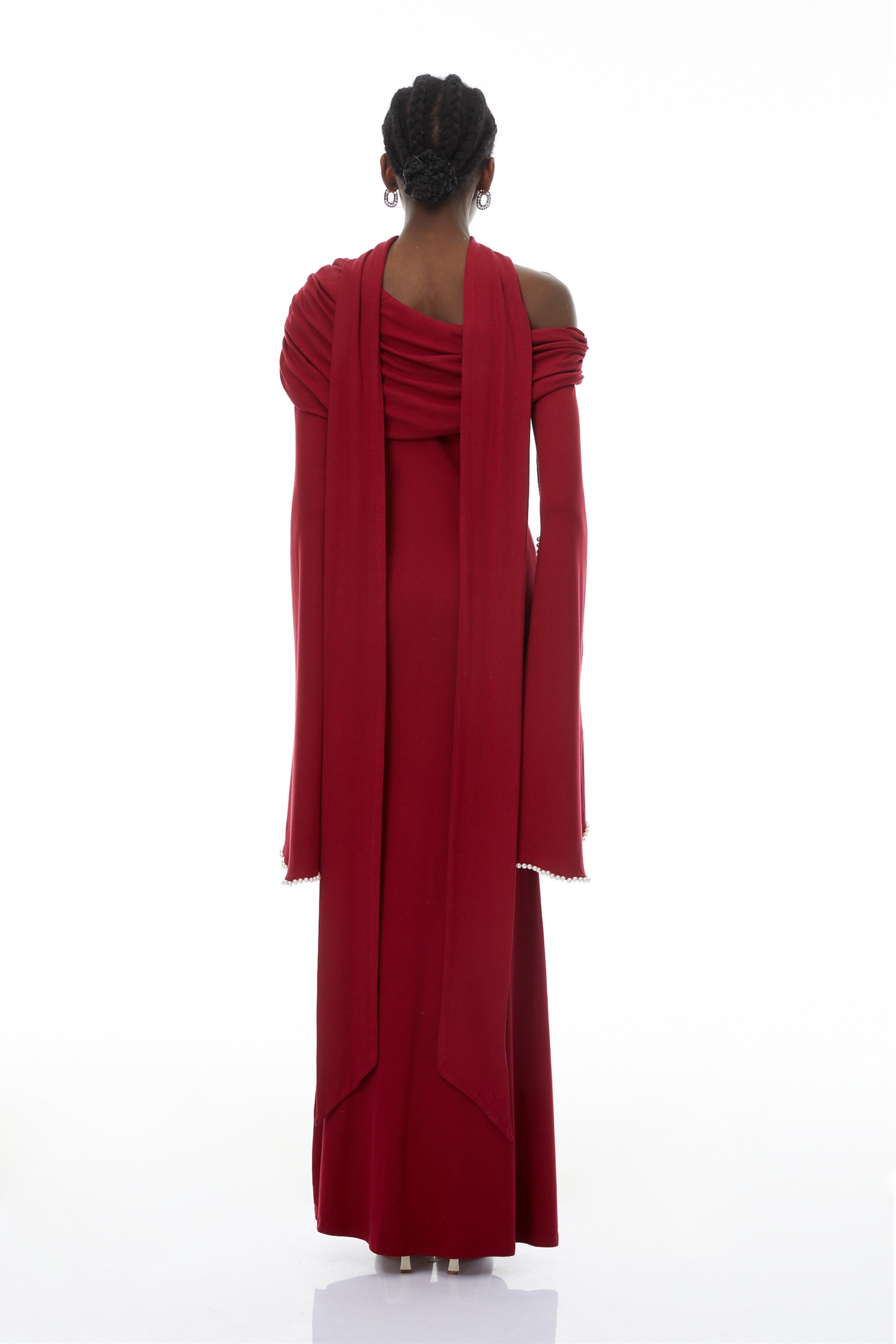 Simona Burgundy One Shoulder Pearl Trim Maxi Gown (Final Sale)