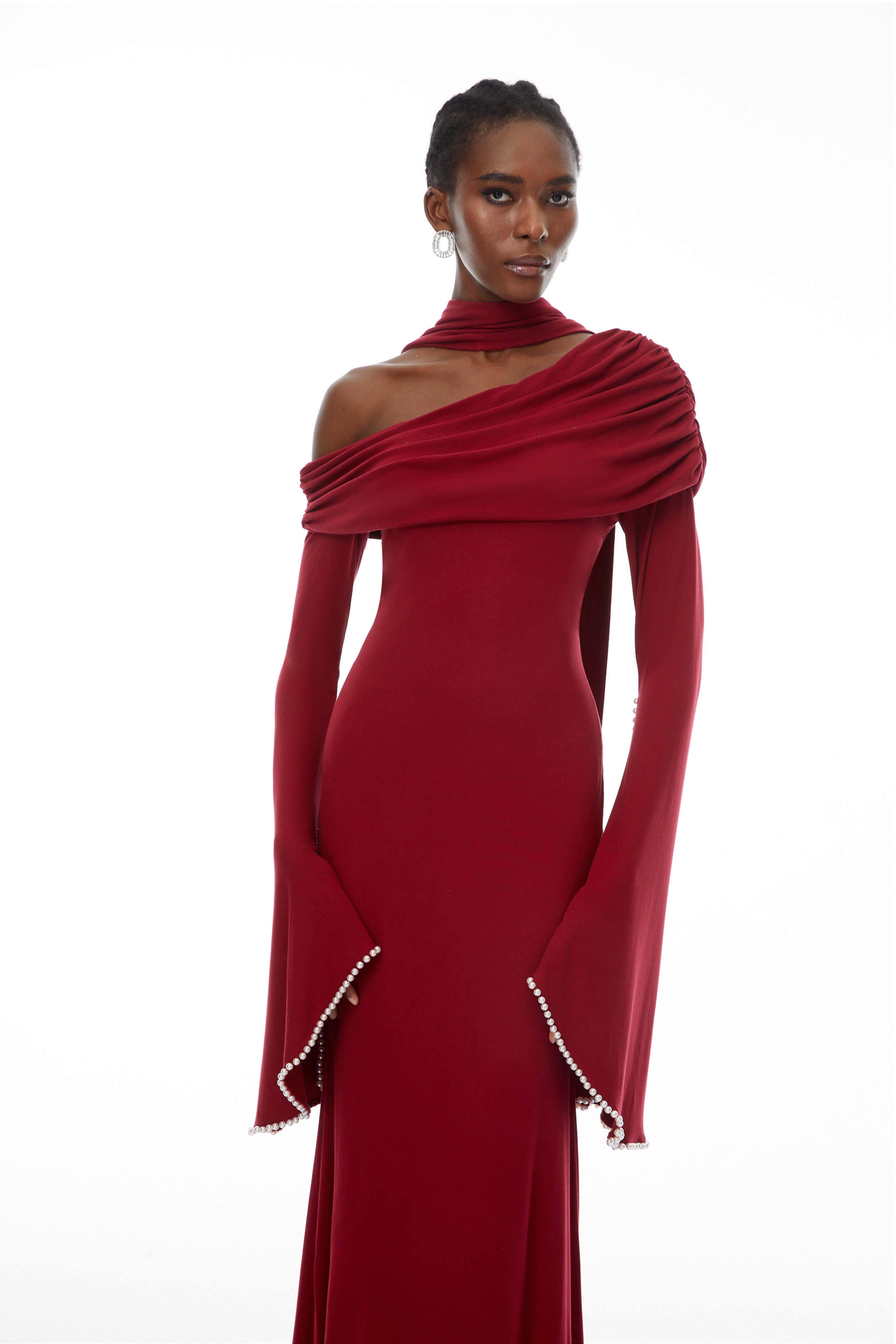 Simona Burgundy One Shoulder Pearl Trim Maxi Gown (Final Sale)