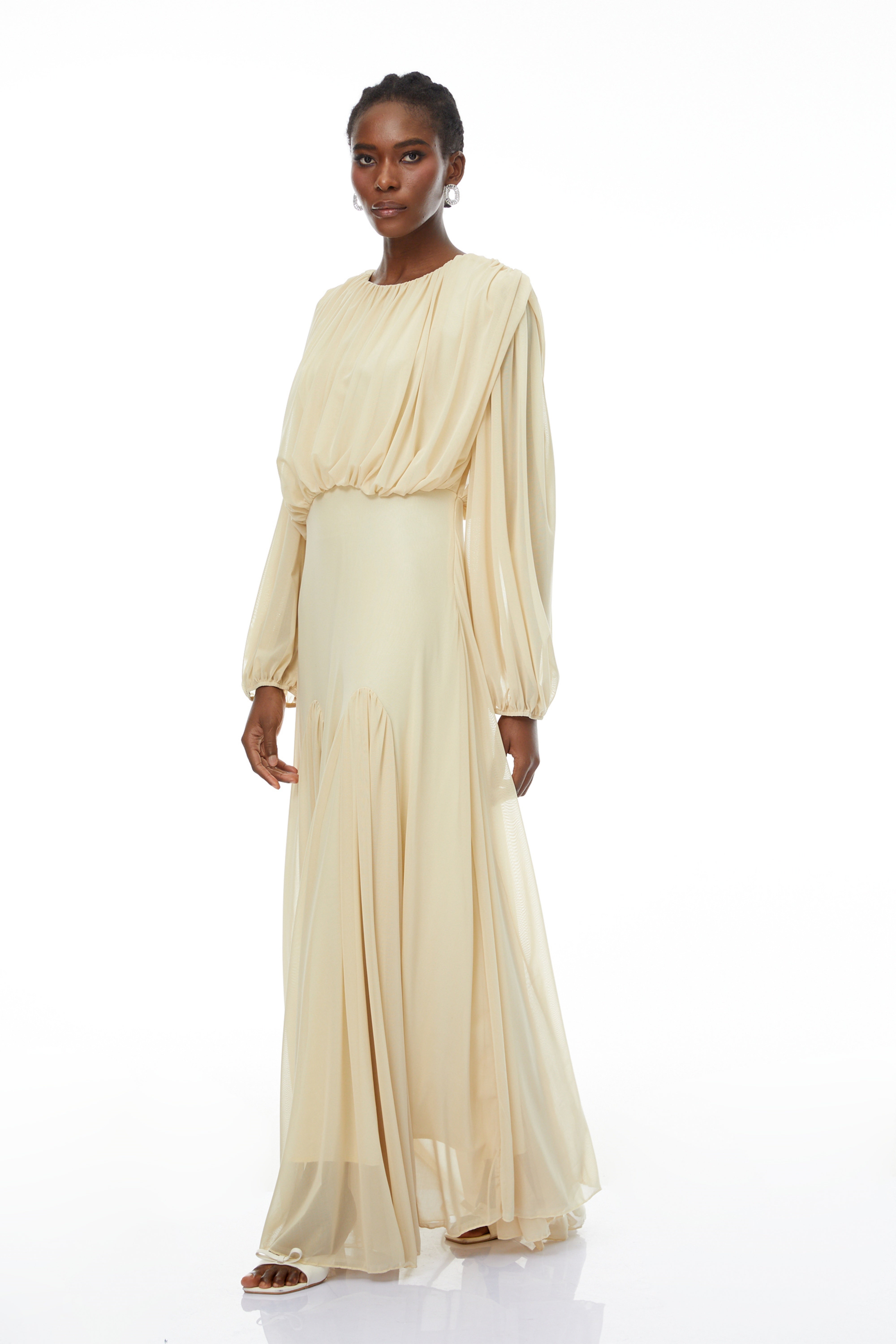 Pleated Balloon Sleeve Gown