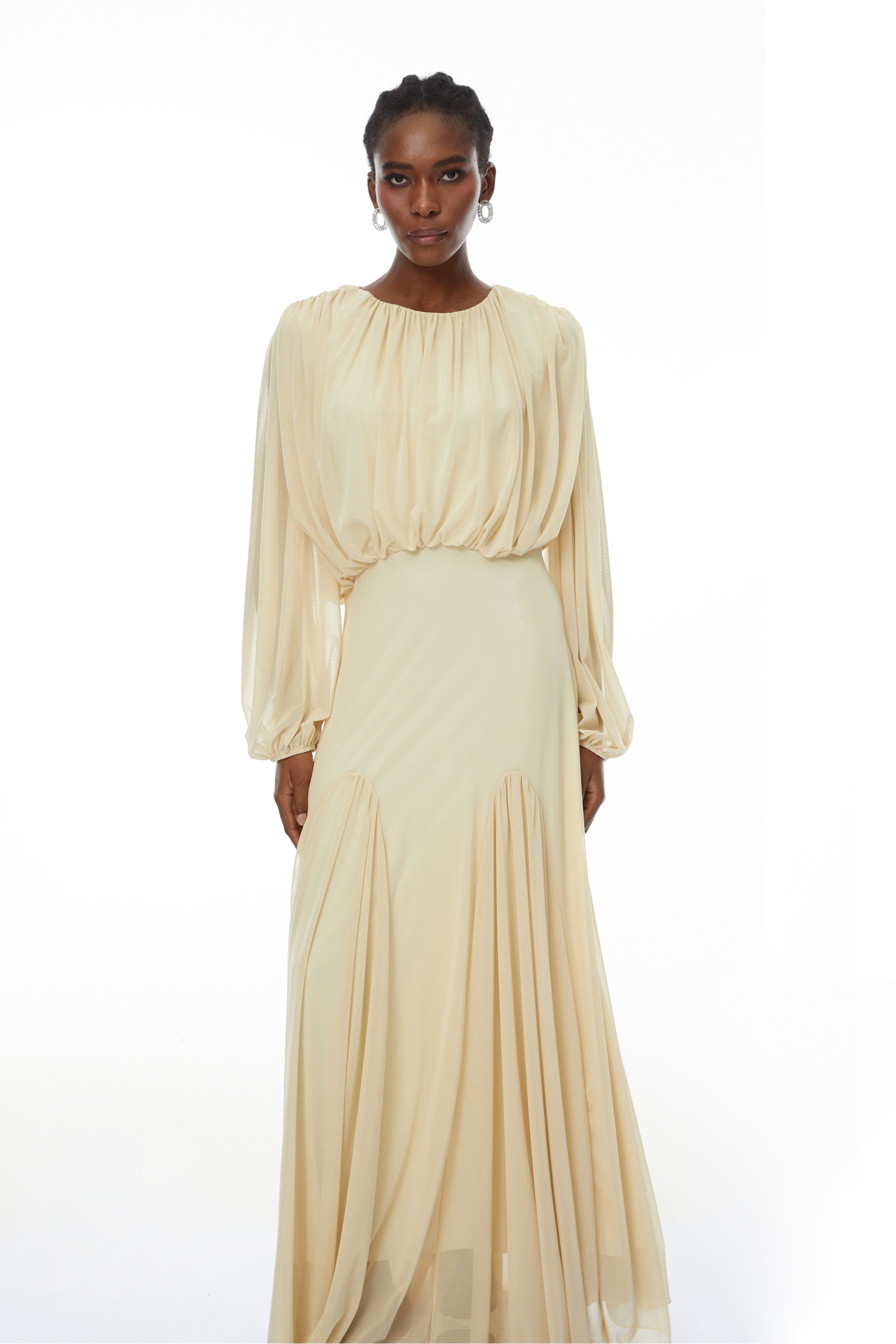 Pleated Balloon Sleeve Gown