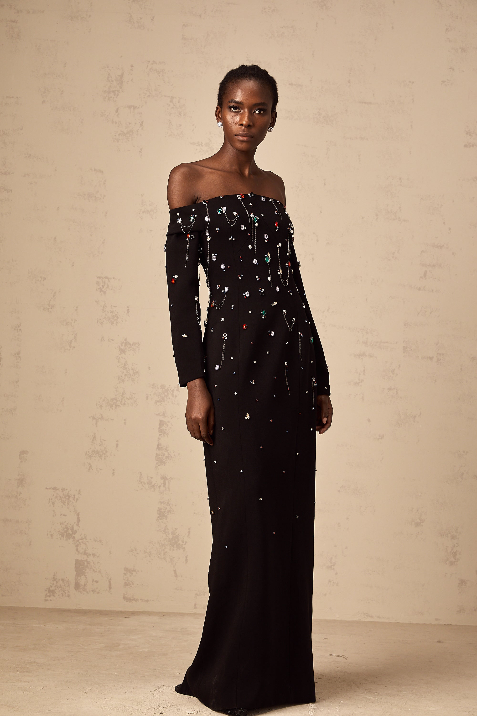 Gabrielle black crystal off-shoulder maxi dress (Final Sale-US Only)